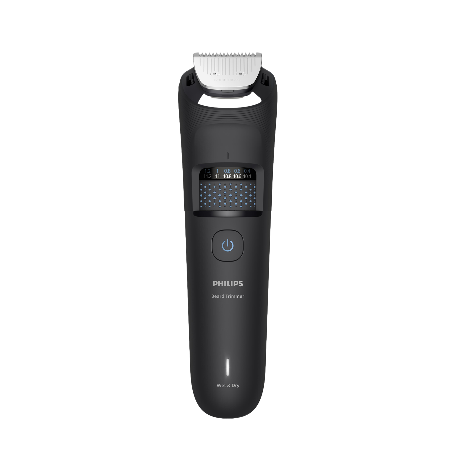 Een zwarte Philips baardtrimmer met instellingen weergegeven. Het heeft een aan/uit-knop en het label Wet & Dry. De achtergrond is zwart.