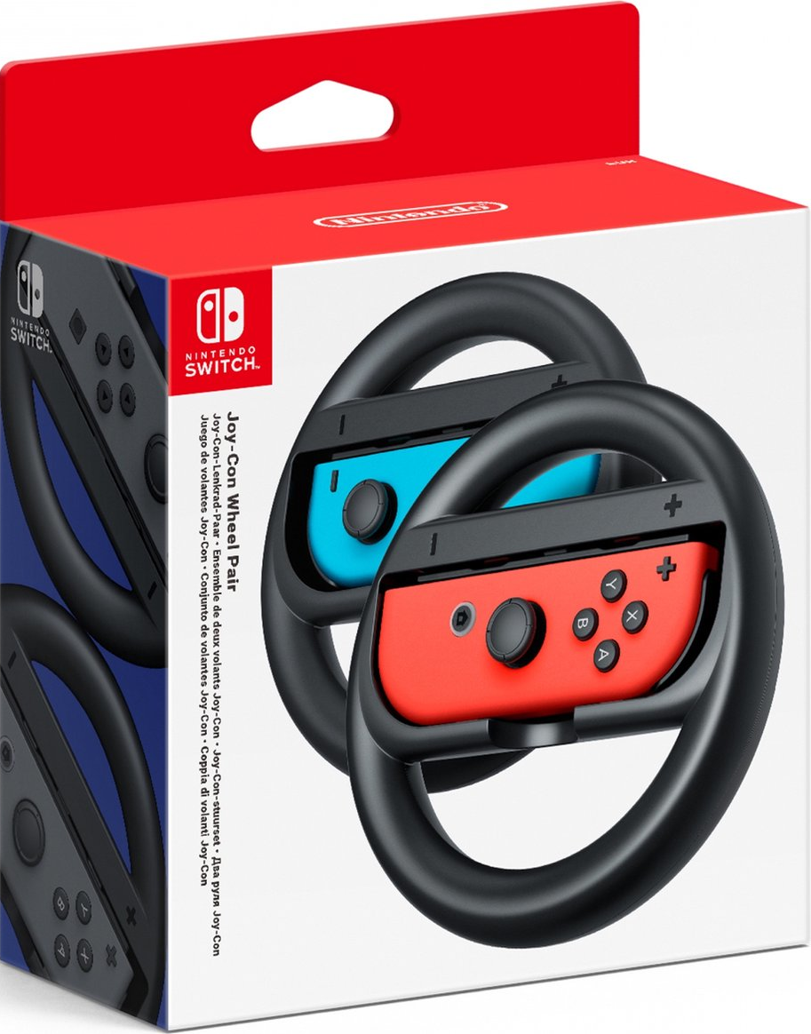 Nintendo Switch Joy-Con Wheel Pair doos. Twee zwarte wielen. Eén Joy-Con is rood, de andere blauw. De doos heeft het Nintendo-logo.