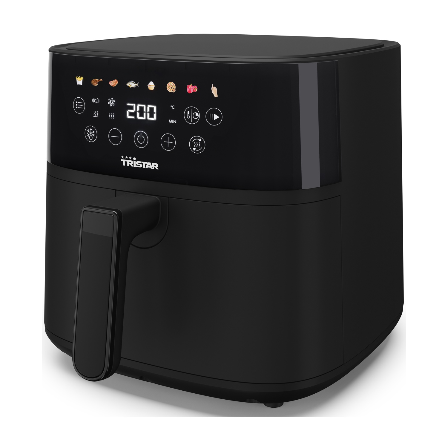 Friggitrice ad aria nera con display digitale che mostra 200 gradi. Ha una maniglia e un pannello di controllo con icone di cibo. Marca: Tristar.