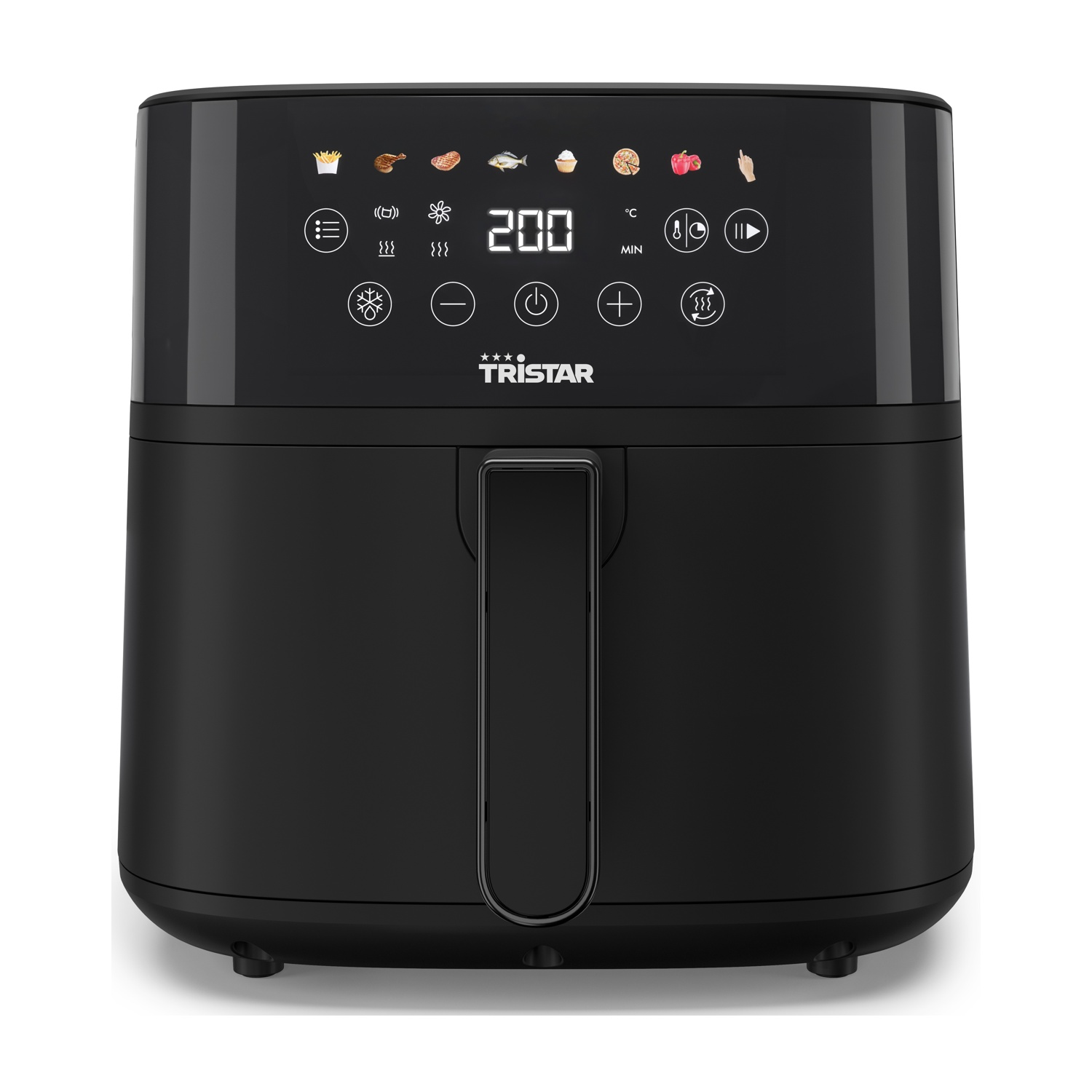 Friggitrice ad aria Tristar nera con display digitale che mostra 200 gradi. Pulsanti per diverse modalità di cottura. Maniglia e base visibili.