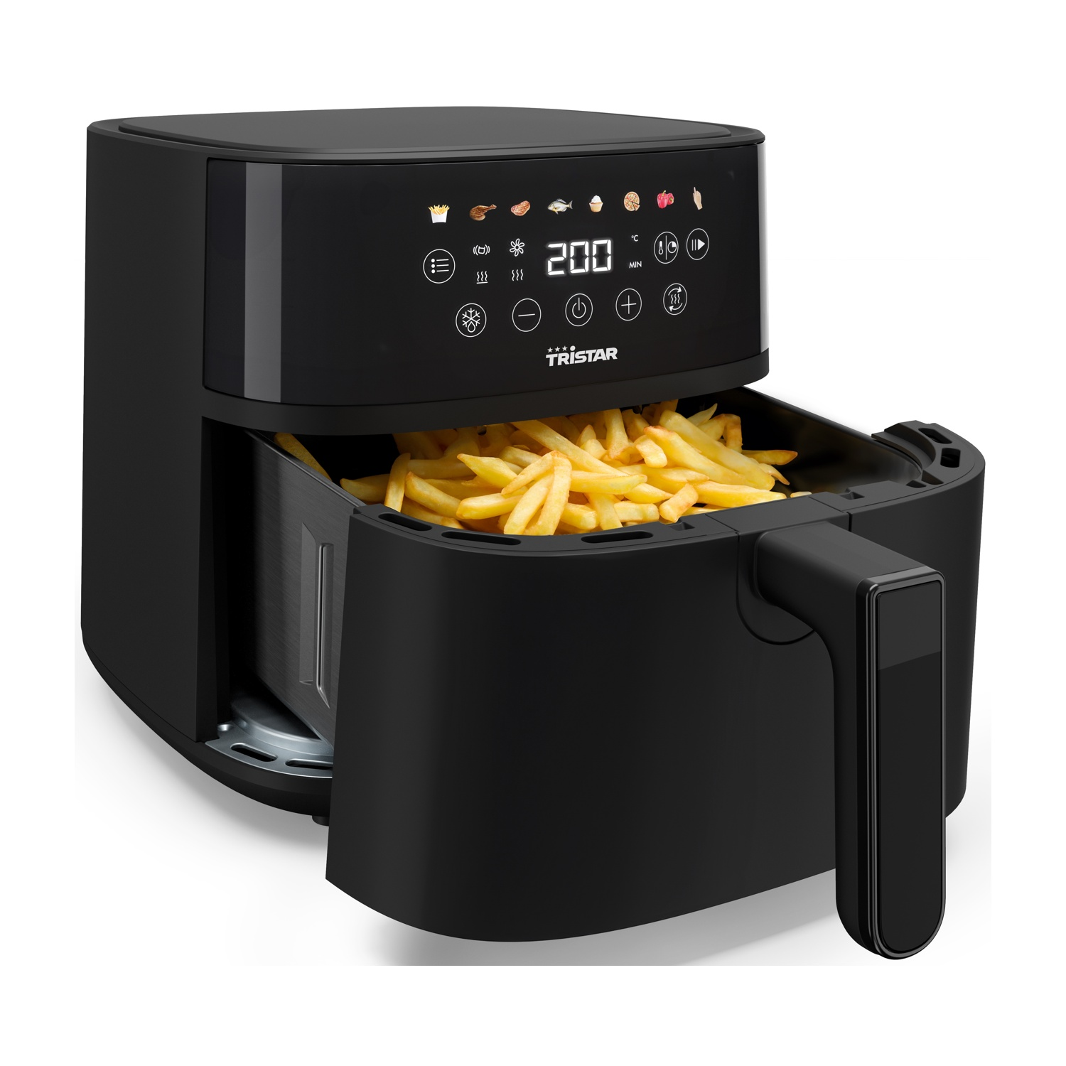 Friggitrice ad aria nera con patatine fritte all'interno. Il display mostra 200 gradi. Il marchio è Tristar.