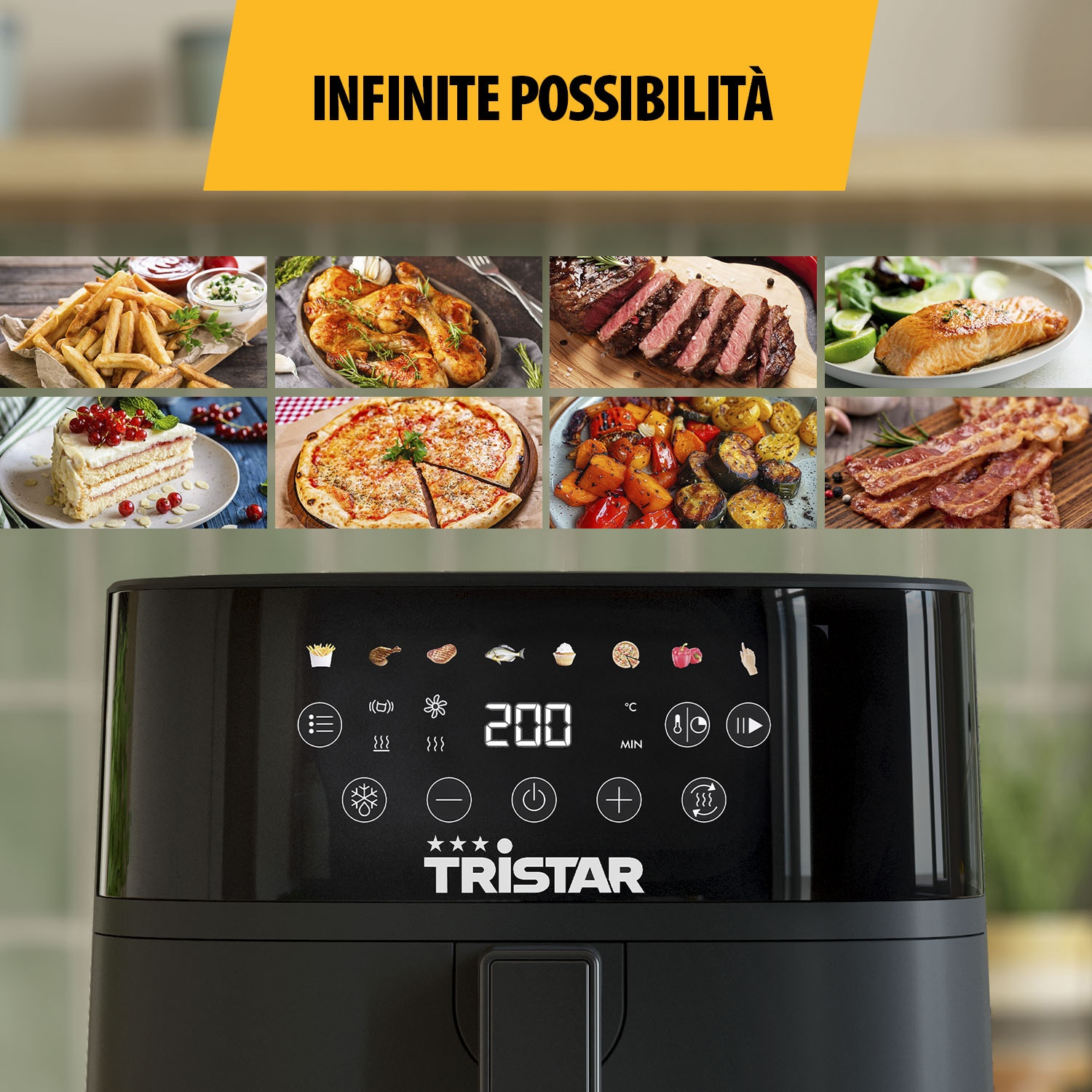 Una friggitrice ad aria con immagini di cibo e il testo 'INFINITE POSSIBILITÀ'. Il display mostra le impostazioni, il marchio è 'TRISTAR'.