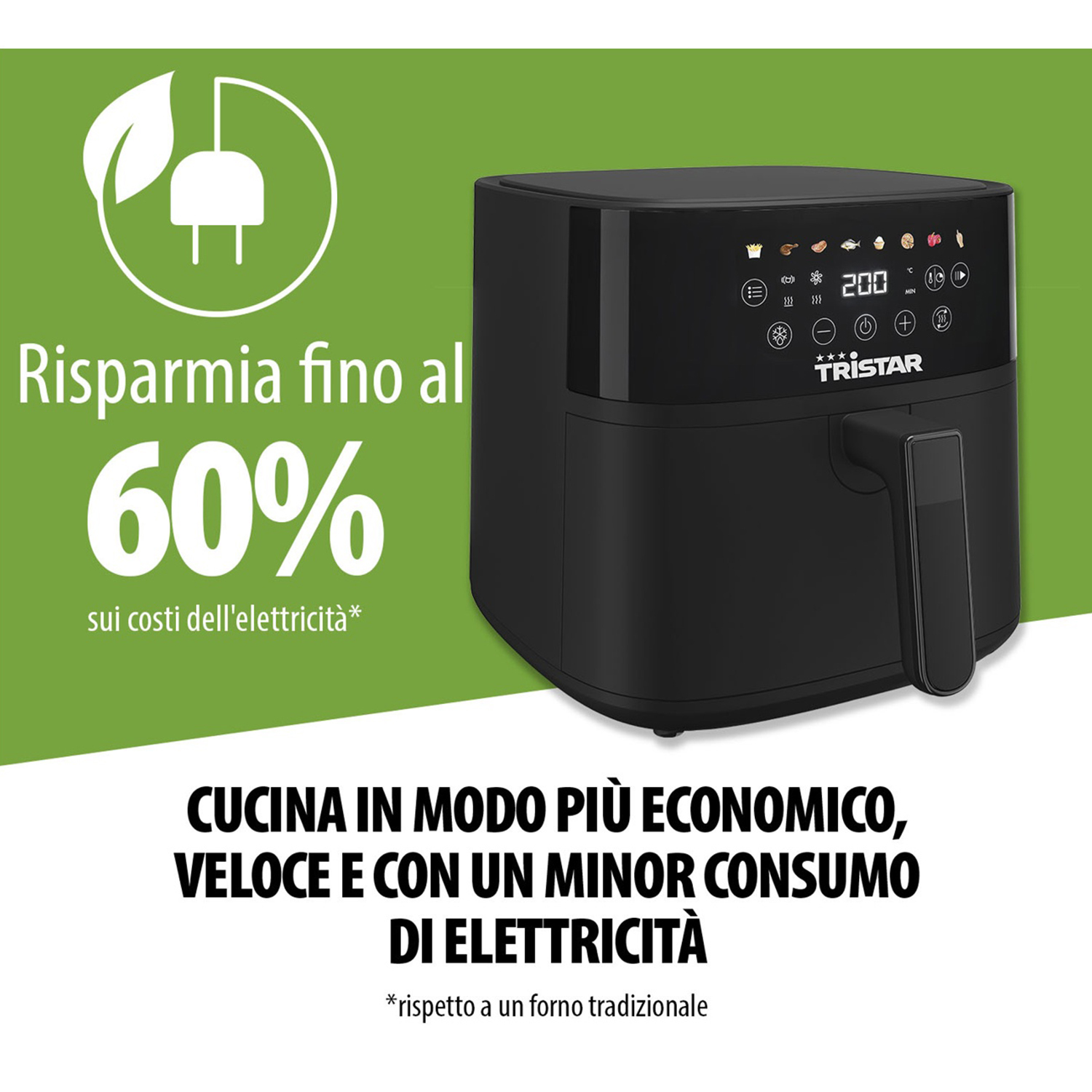 Friggitrice ad aria nera con display digitale. Testo: Risparmia fino al 60% sui costi dell'elettricità. Cucina più economico e veloce.