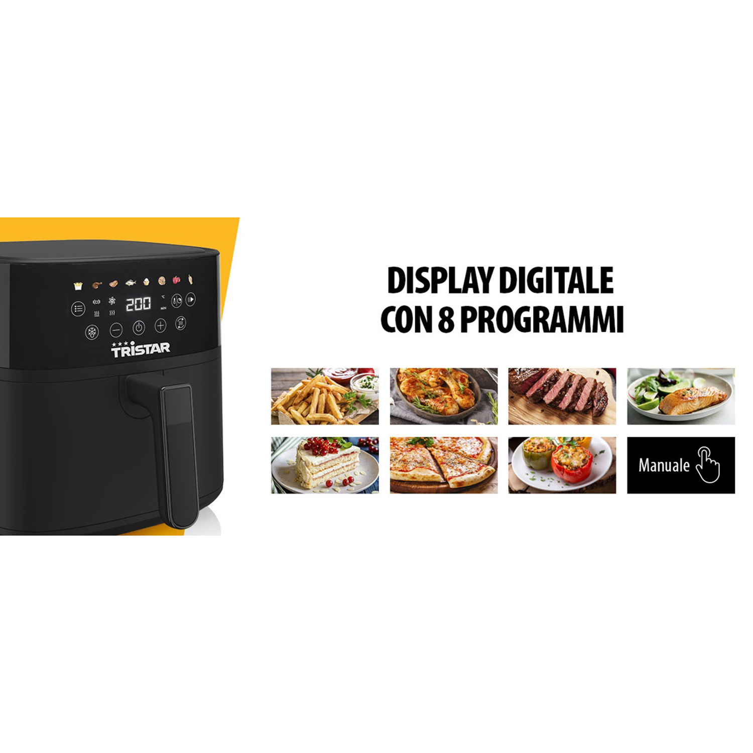 Friggitrice ad aria nera con display digitale e immagini di cibo. Testo: DISPLAY DIGITALE CON 8 PROGRAMMI. Include patatine fritte, torta, pizza, bistecca e peperoni ripieni.