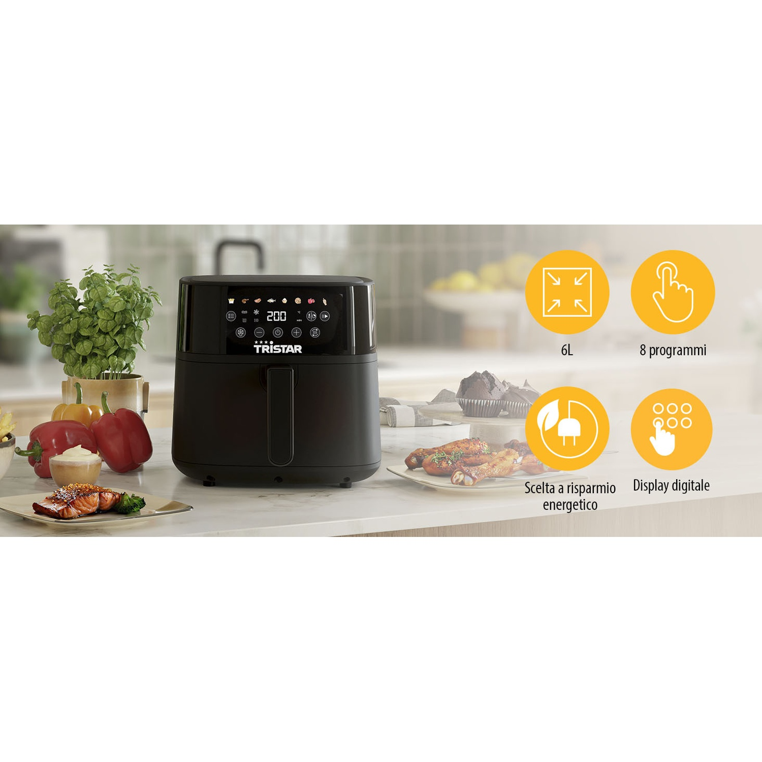 Friggitrice ad aria nera su un piano di lavoro con cibo e icone. Include capacità 6L, 8 programmi, risparmio energetico e display digitale.
