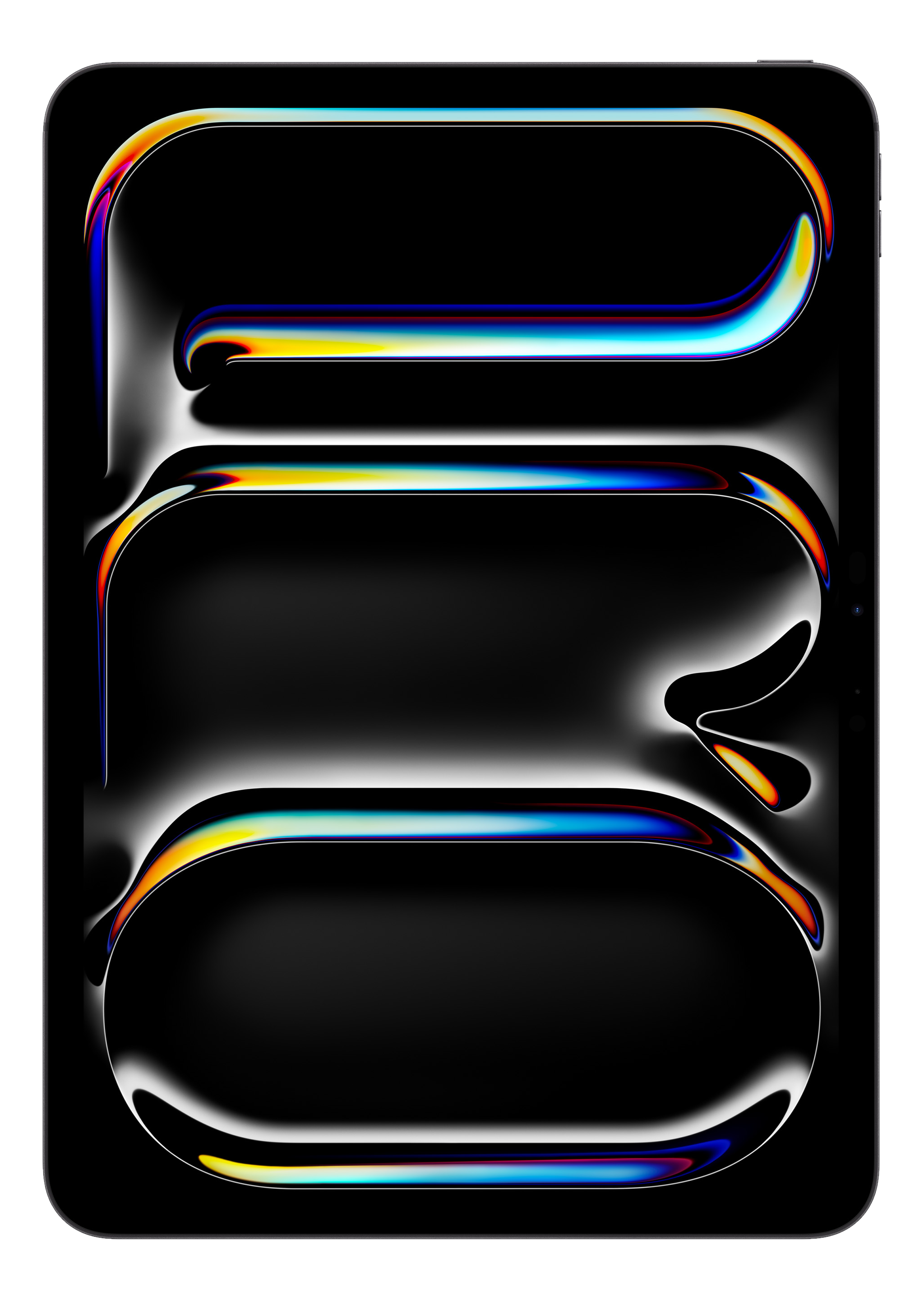 Abstrakte digitale Kunst auf schwarzem Hintergrund. Es zeigt einen Smartphone-Umriss mit farbenfrohen, geschwungenen Linien.