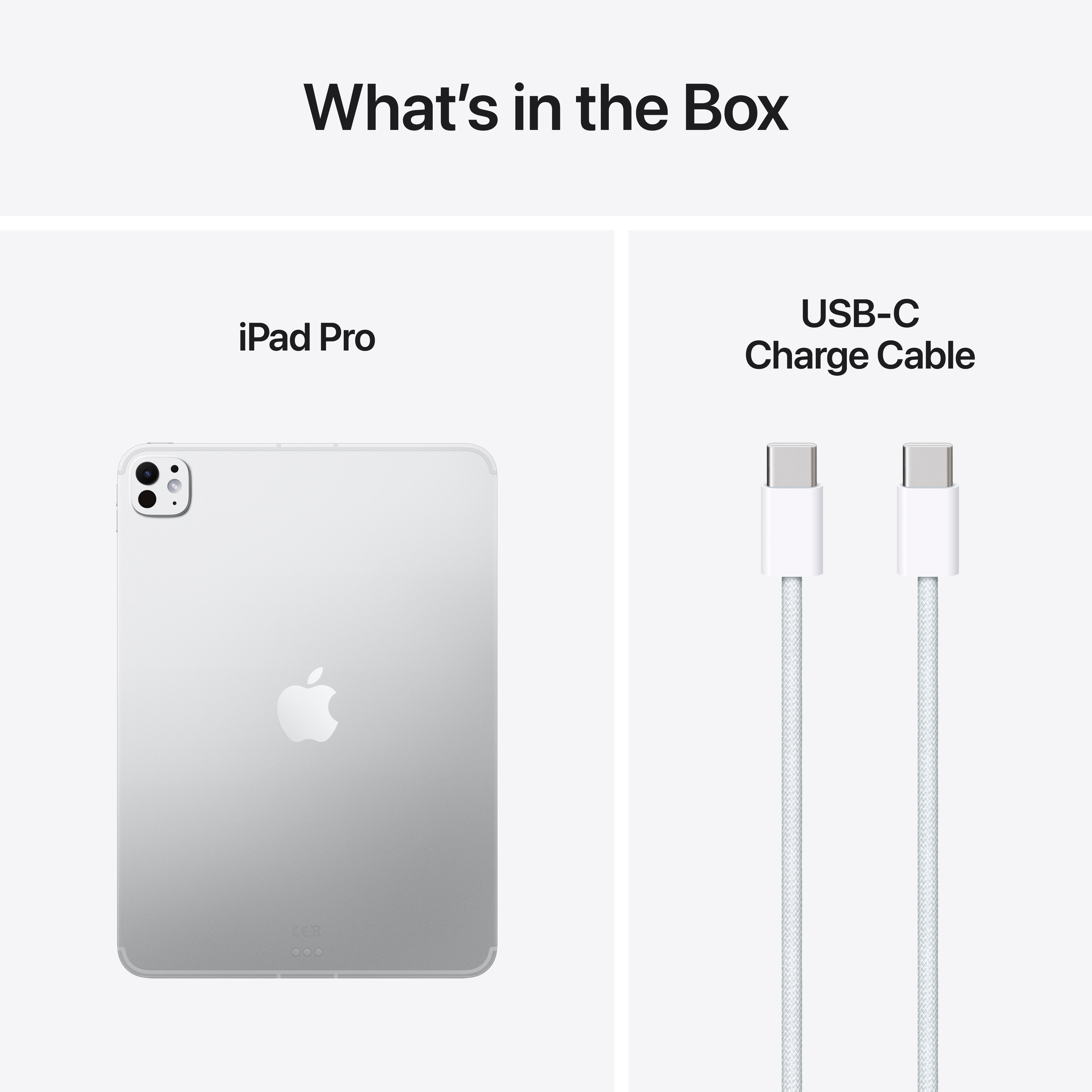 Das Bild zeigt ein iPad Pro und ein USB-C-Ladekabel auf weißem Hintergrund. Der Text lautet "Was ist in der Box".