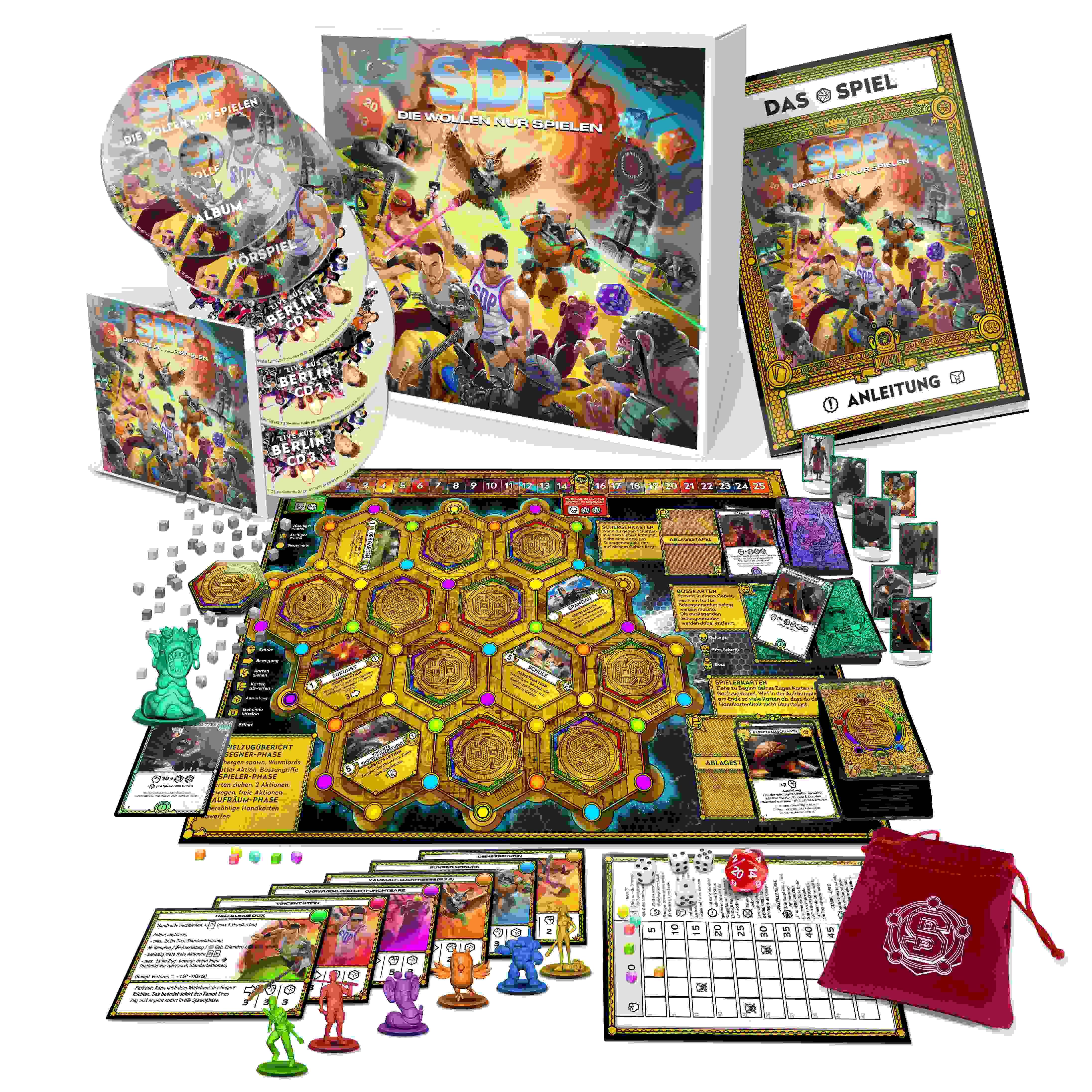 Brettspiel-Box-Set mit CDs, Karten, Brett, Würfeln, Figuren und roter Tasche.