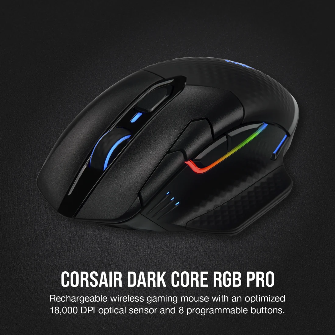 Fekete Corsair Dark Core RGB Pro gaming egér RGB világítással. Az egér vezeték nélküli, programozható gombokkal rendelkezik.