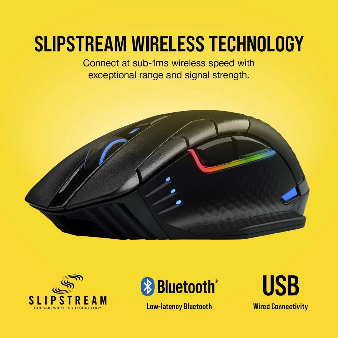 Fekete gamer egér színes fényekkel. Szöveg: Slipstream Wireless Technology, Bluetooth, USB. A háttér sárga.