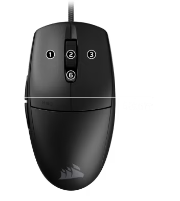 Fekete számítógépes egér számozott gombokkal, görgővel és kábellel. Az egér 62 mm széles. Corsair logó alul.