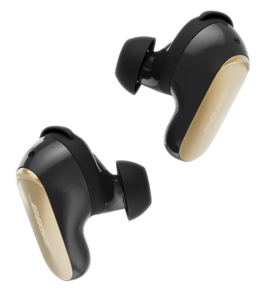 Dwa czarno-złote słuchawki Bose na białym tle. Słuchawki są lekko pochylone.