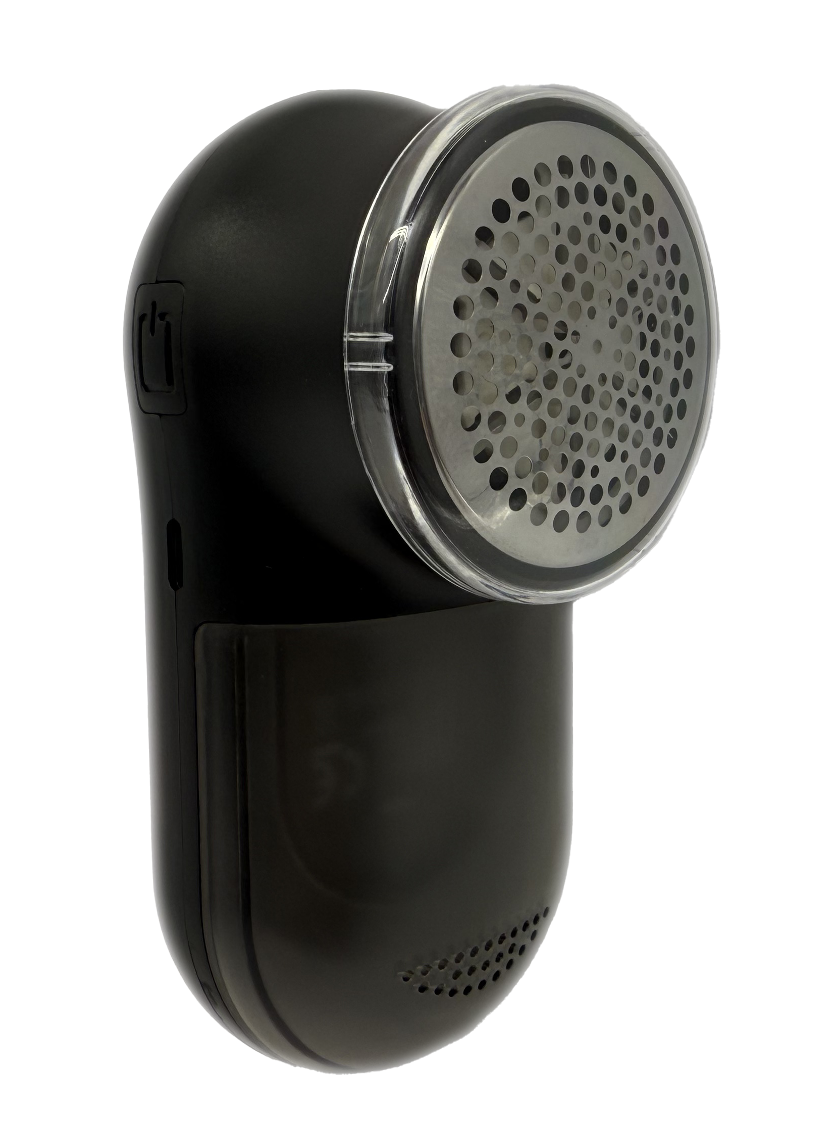 Czarna golarka do tkanin ze srebrną siatkową głowicą i przezroczystą plastikową osłoną na białym tle.