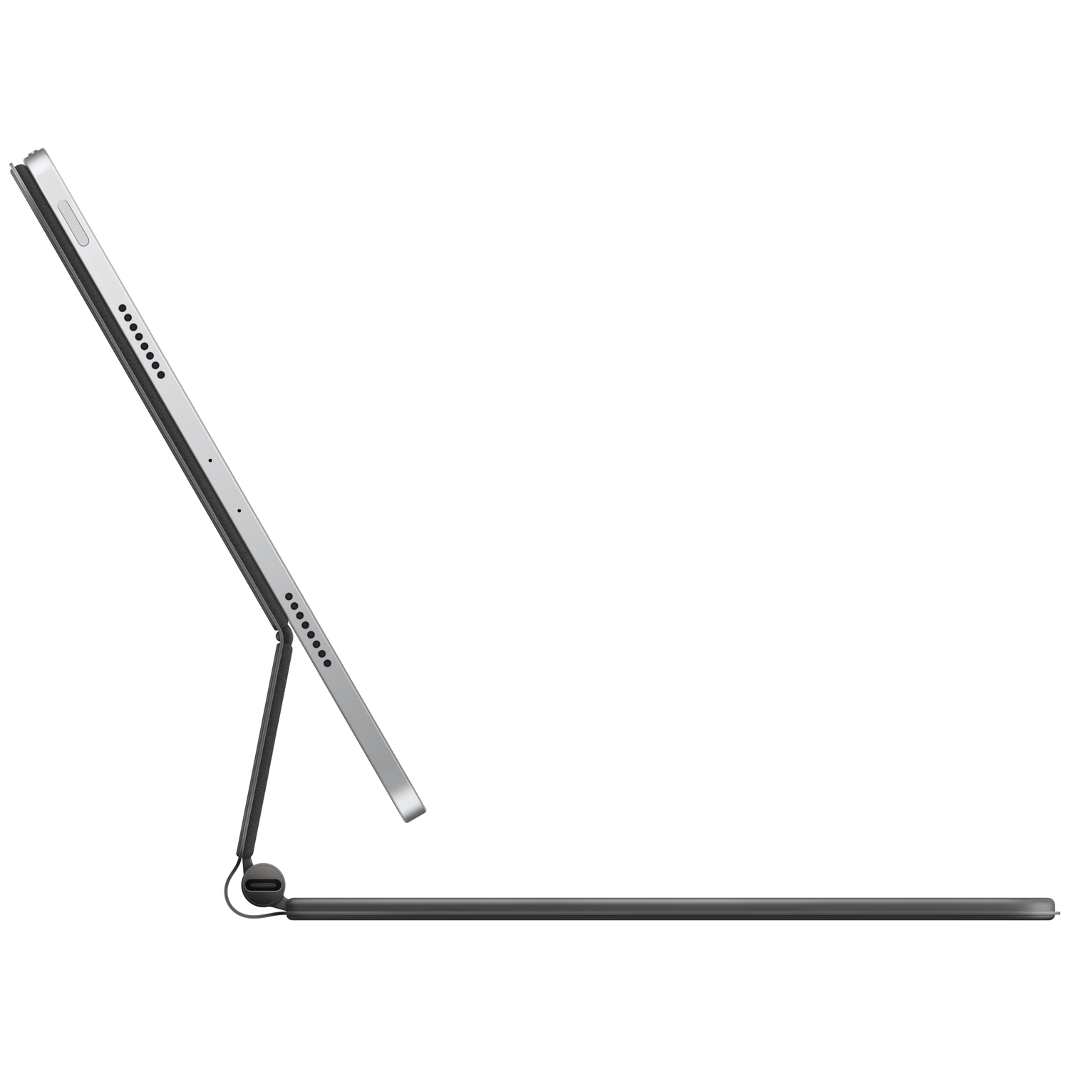 Side view of a silver tablet connected to a black keyboard case. The tablet is slightly angled, showing its screen and side buttons.
