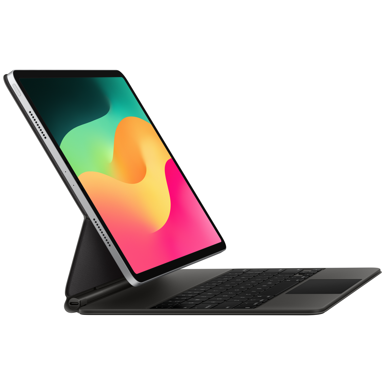 An iPad with a black keyboard case. The iPad screen displays colorful abstract shapes. The setup is against a white background.