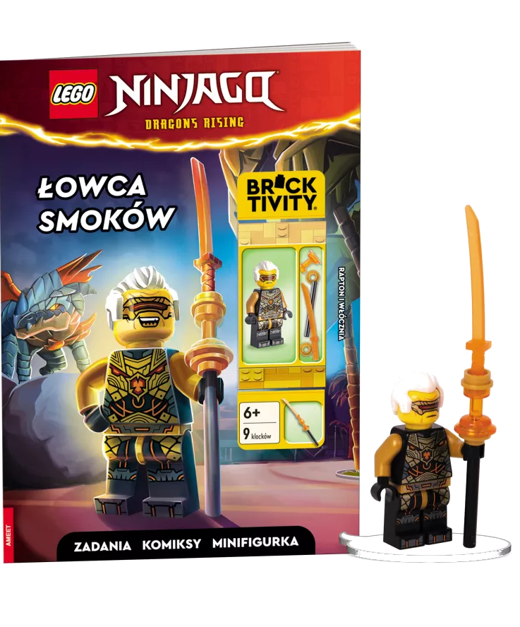 Zestaw Lego Ninjago z minifigurką, okładką książki i włócznią. Na okładce napis 'Łowca Smoków' i 'Dragons Rising'.