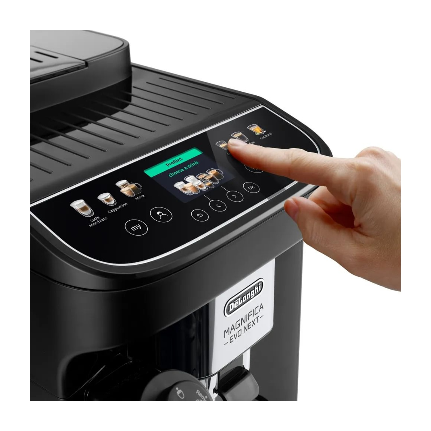 Una mano tocca lo schermo di una macchina da caffè. La macchina è nera, con un touchscreen che mostra le opzioni delle bevande.