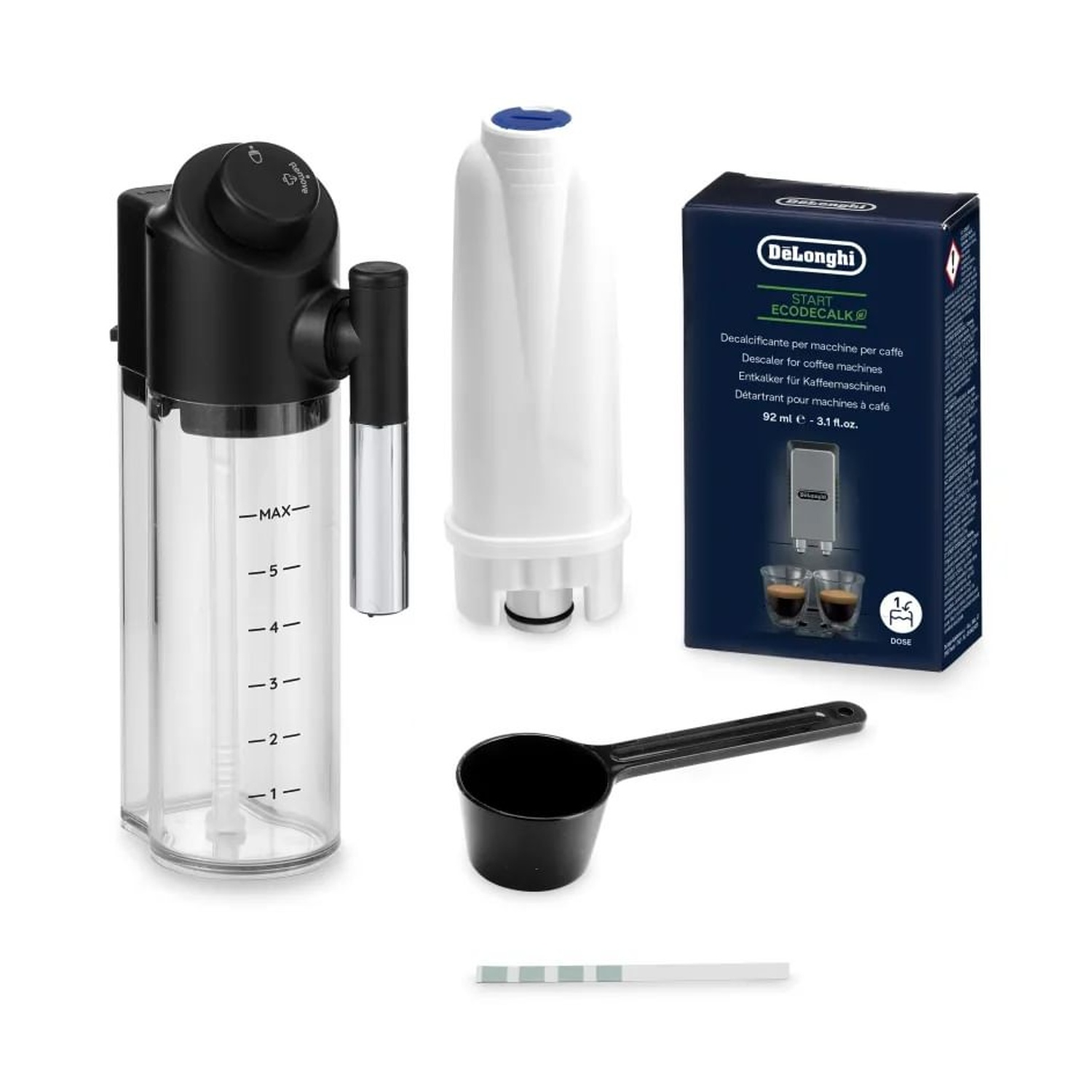 Kit anticalcare per macchine da caffè DeLonghi, filtro e accessori. Include una scatola di anticalcare, un serbatoio dell'acqua, un filtro e un misurino.