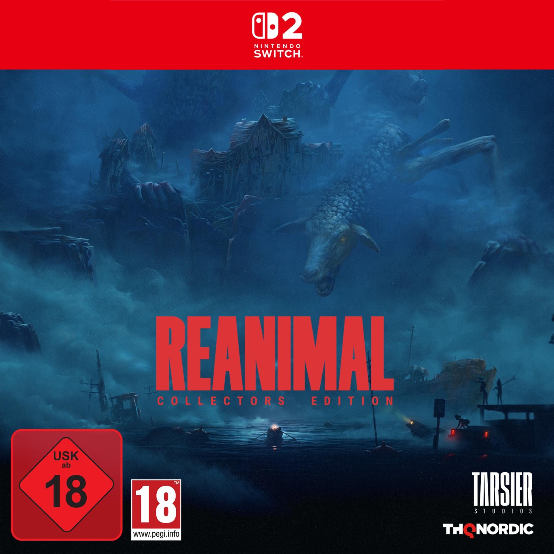 Spiel-Cover. Eine Kreatur taucht aus dem Wasser auf. Titel: Reanimal. Bewertungsabzeichen unten links, Nintendo Switch-Logo oben.