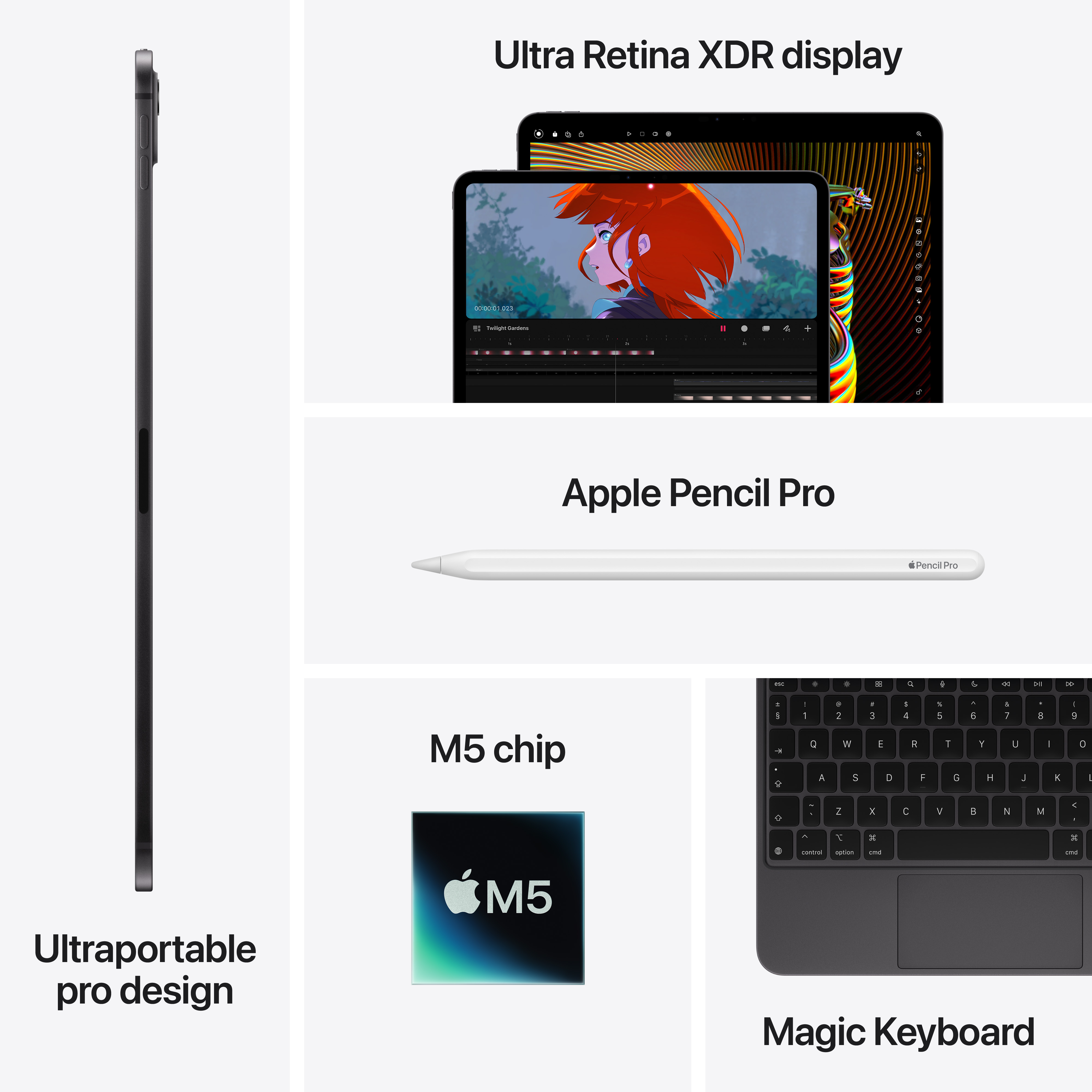L'immagine mostra un iPad, Apple Pencil, chip M5 e Magic Keyboard, evidenziando le funzioni. Il testo recita 'Design pro ultraportatile'.
