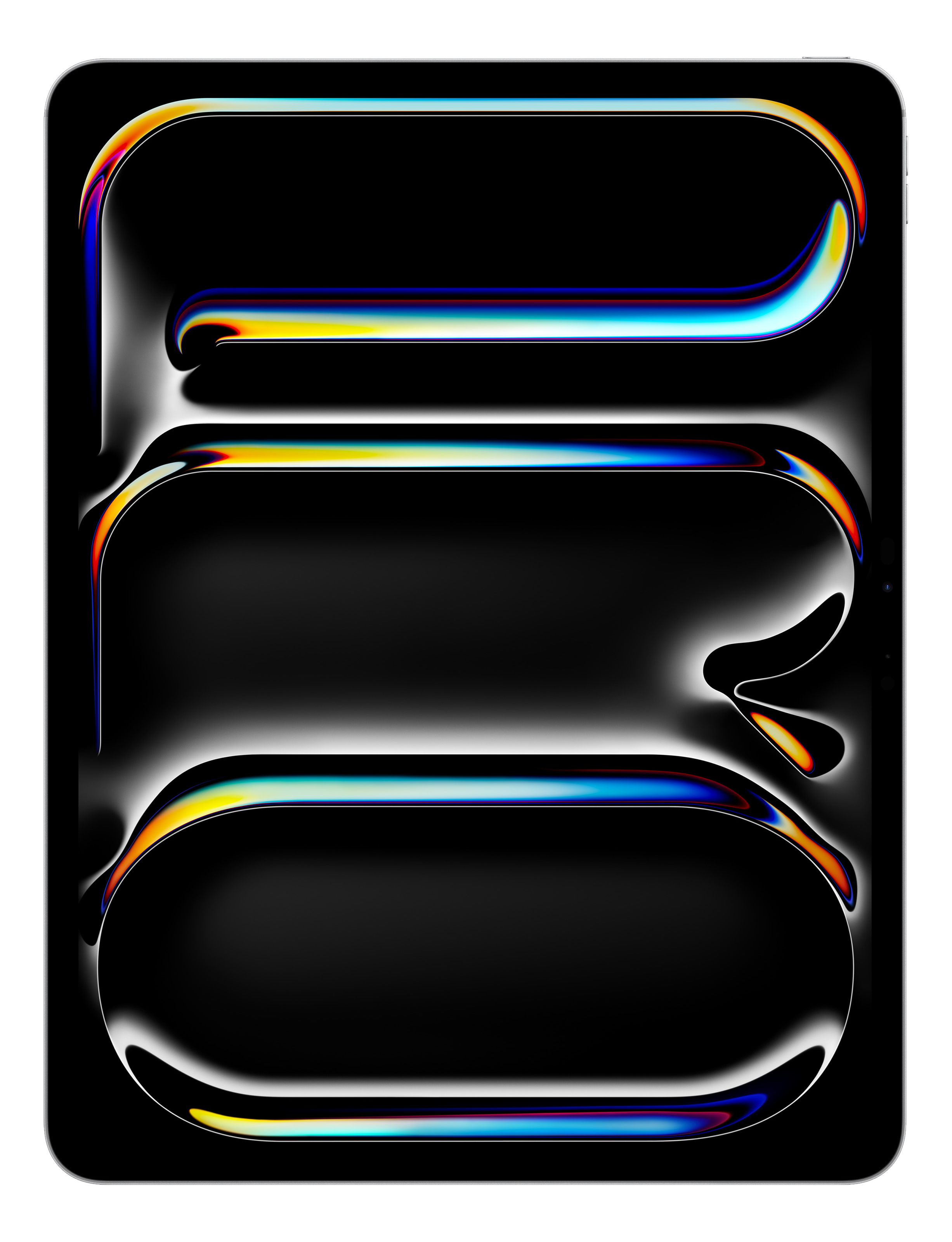Art abstrait avec lignes courbes, fond noir et reflets colorés avec contours blancs.
