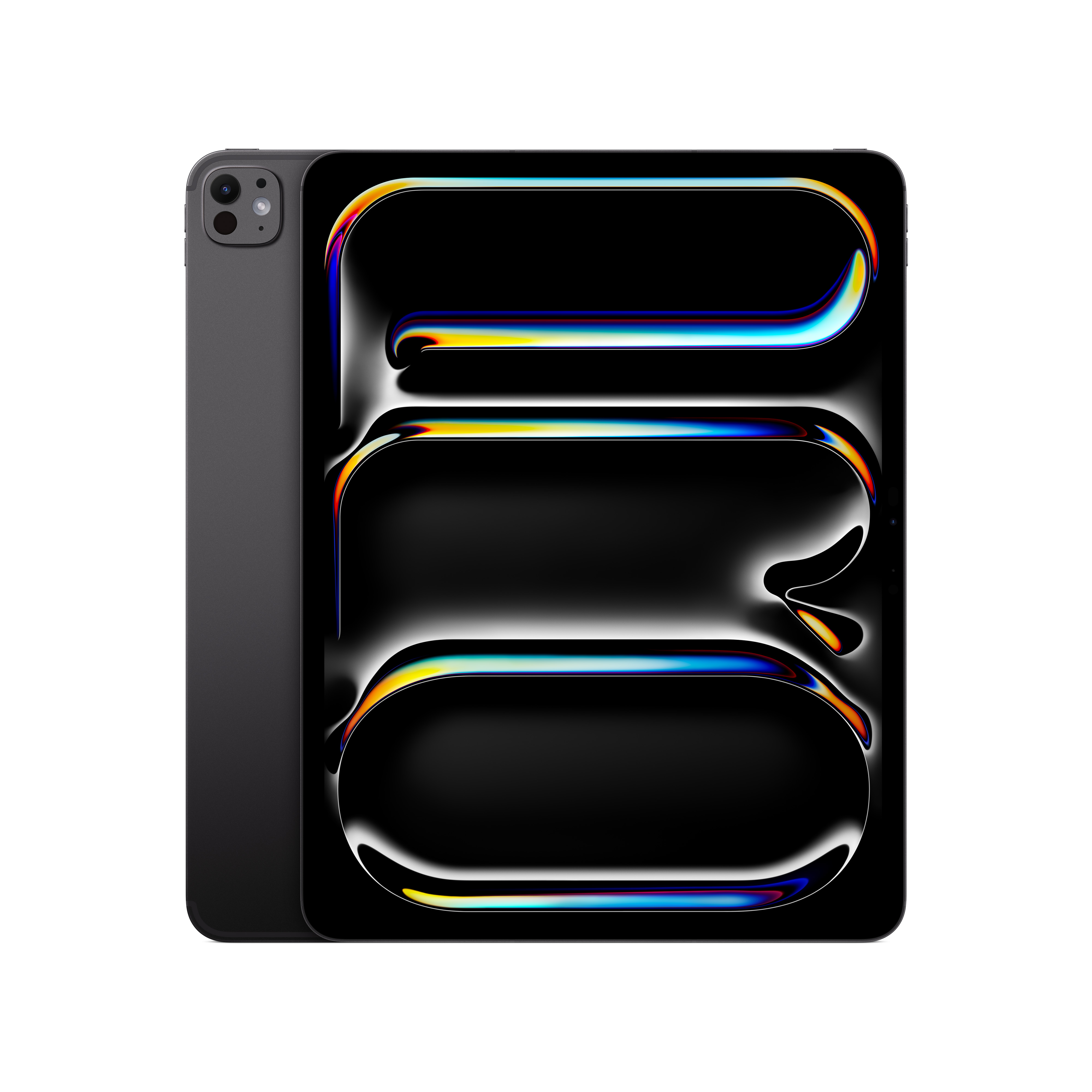Un tablet nero con schermo nero. Lo schermo mostra un design astratto colorato. Il tablet è su sfondo bianco.