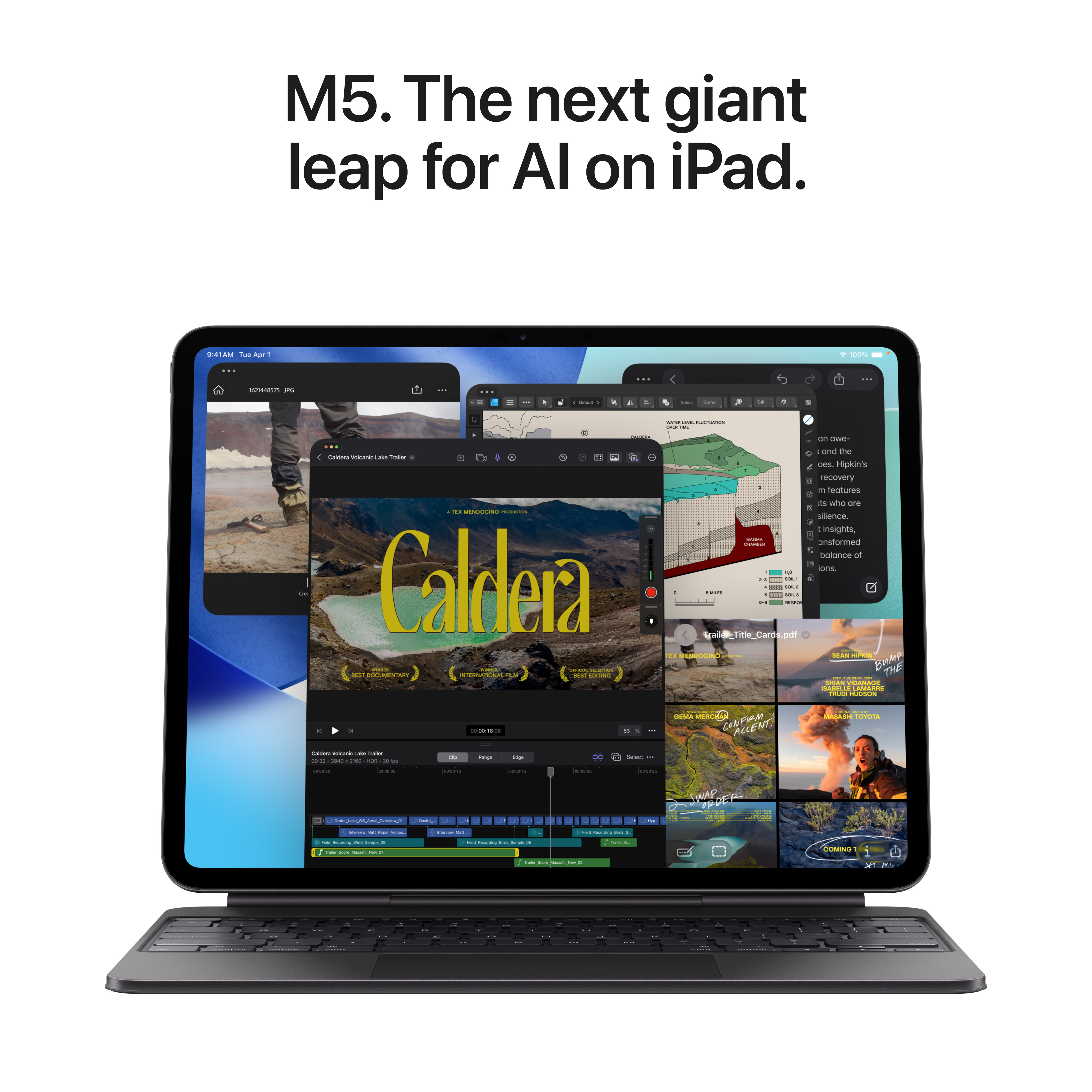 iPad con tastiera che mostra un software di editing video e il testo 'M5. The next giant leap for AI on iPad'.