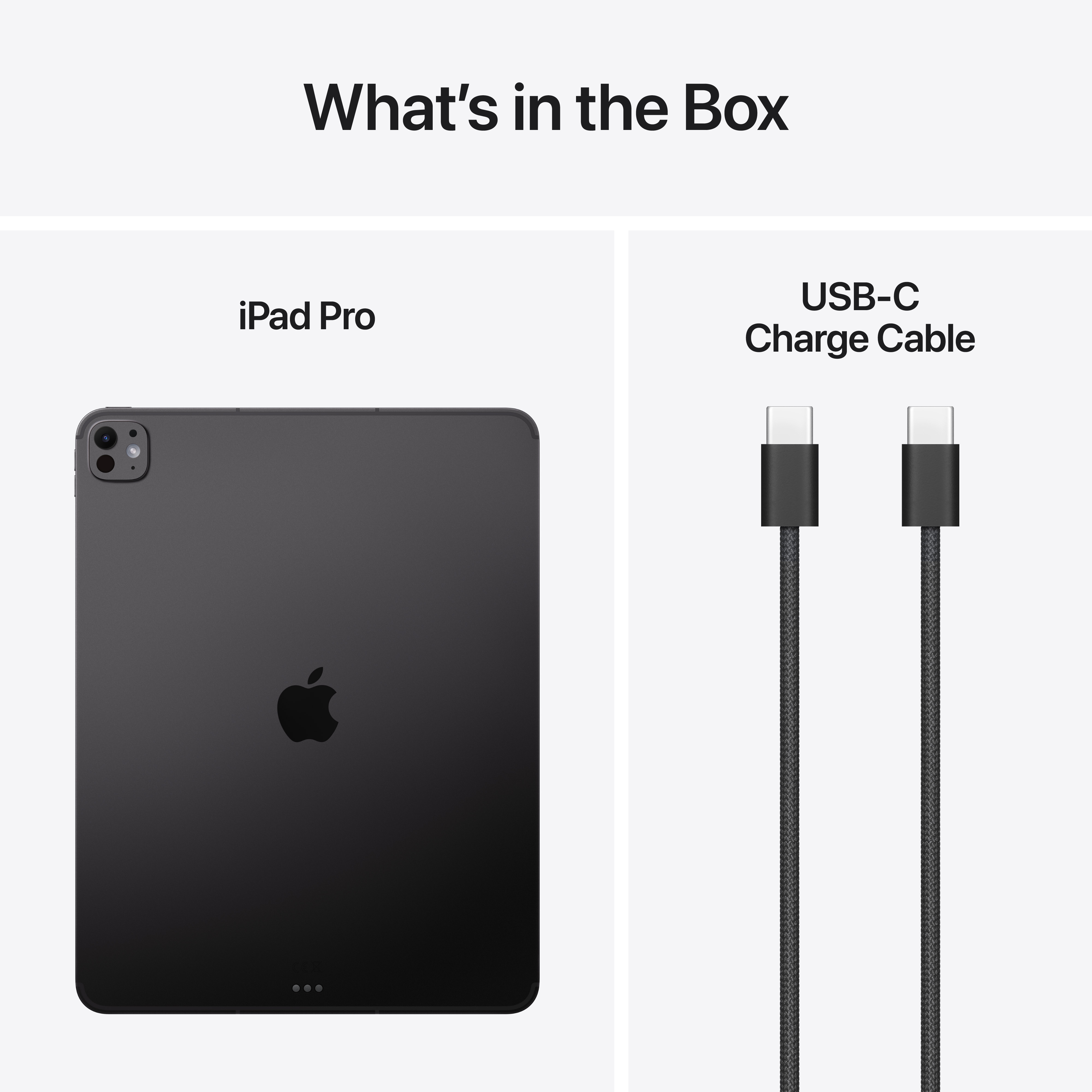 L'immagine mostra un iPad Pro e un cavo di ricarica USB-C su sfondo bianco. Il testo dice 'Cosa c'è nella scatola'.