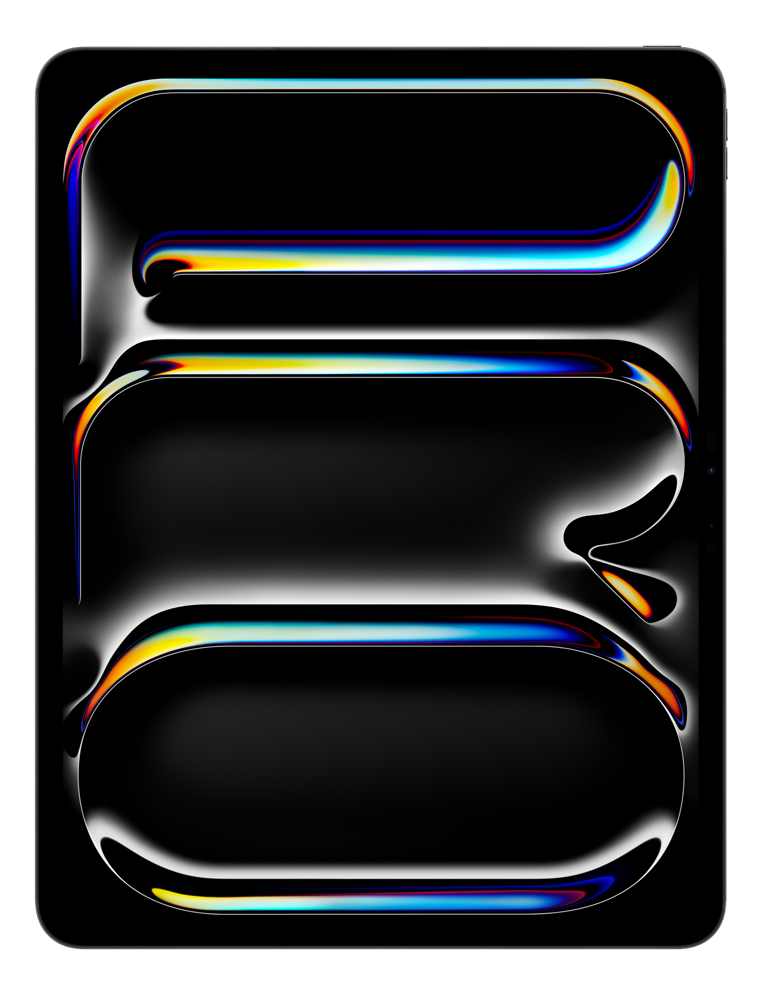 Abstraktes Bild mit schwarzem Hintergrund und rechteckigen Formen mit farbigen, reflektierenden Rändern.