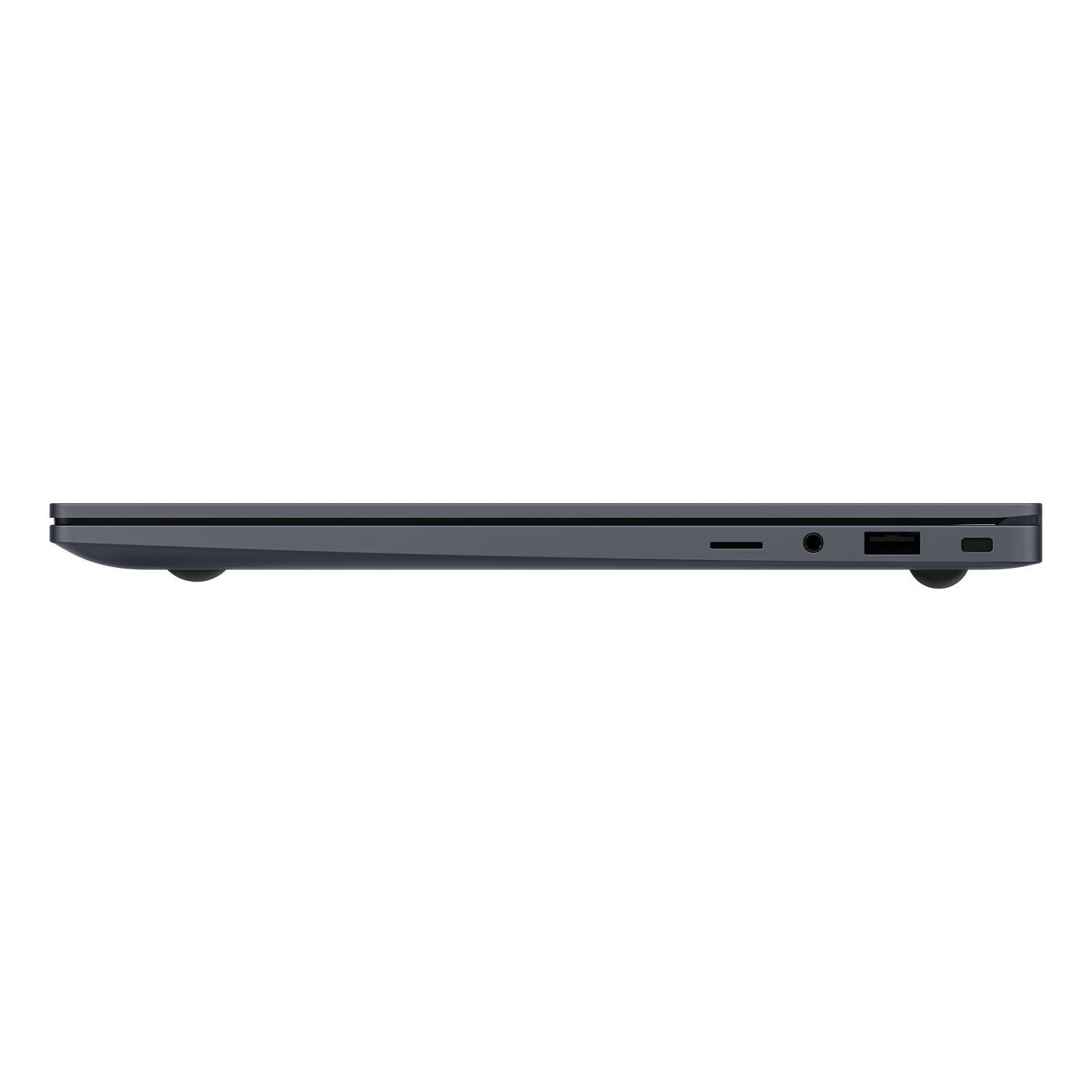 Side view of a dark gray laptop. Ports include a card reader, headphone jack, USB, and charging port. The laptop is closed.