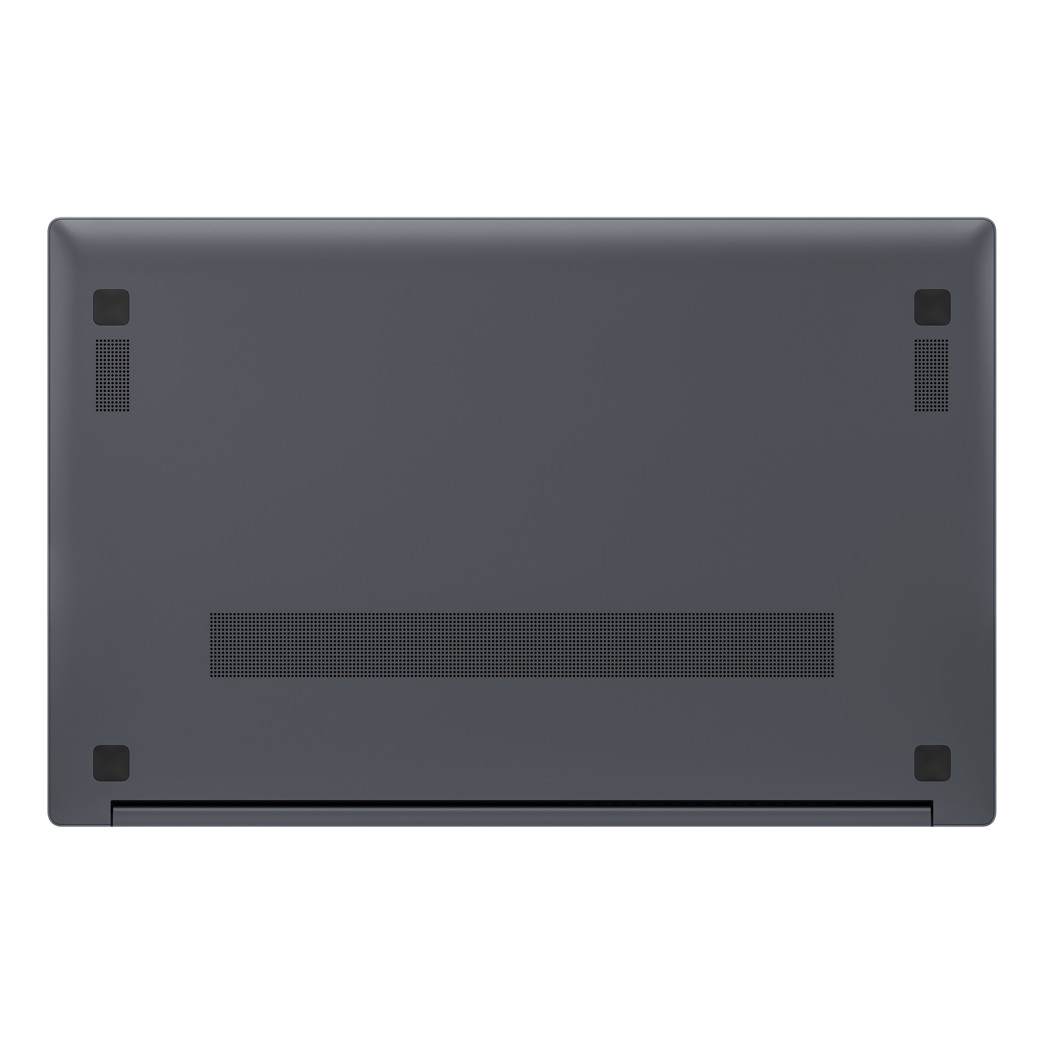 The bottom of a dark gray laptop. It has vents, small feet, and speaker holes. The laptop is against a white background.