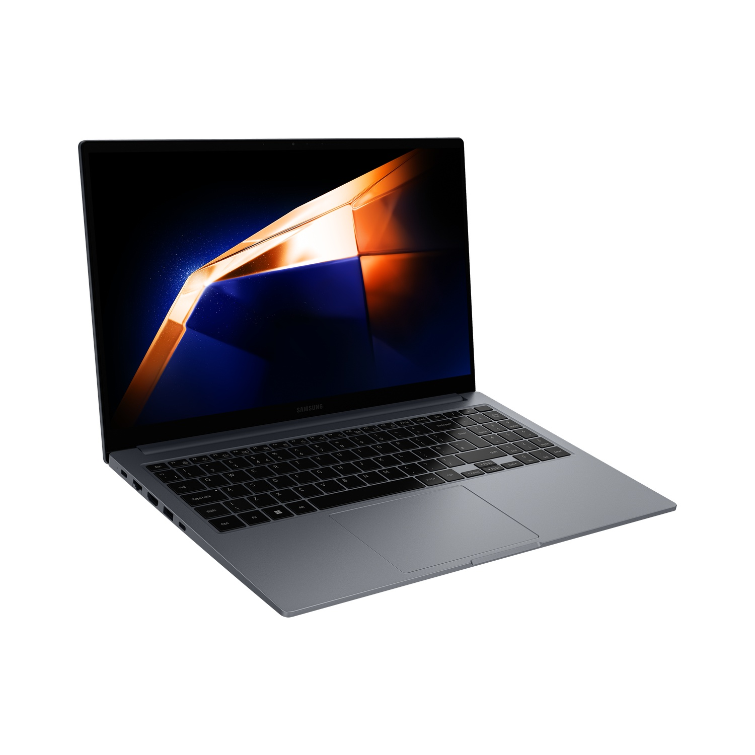 A gray Samsung laptop is open, displaying a colorful abstract image. The keyboard is visible. The background is white.