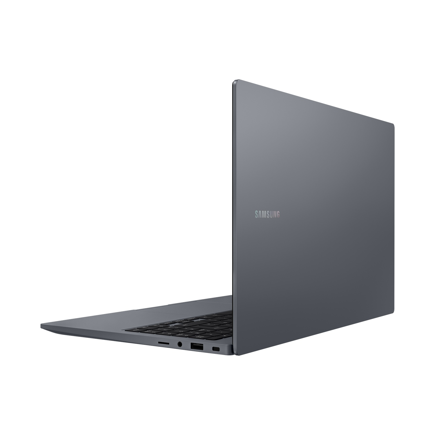 A gray Samsung laptop is slightly open, showing the keyboard. The Samsung logo is visible on the back cover.