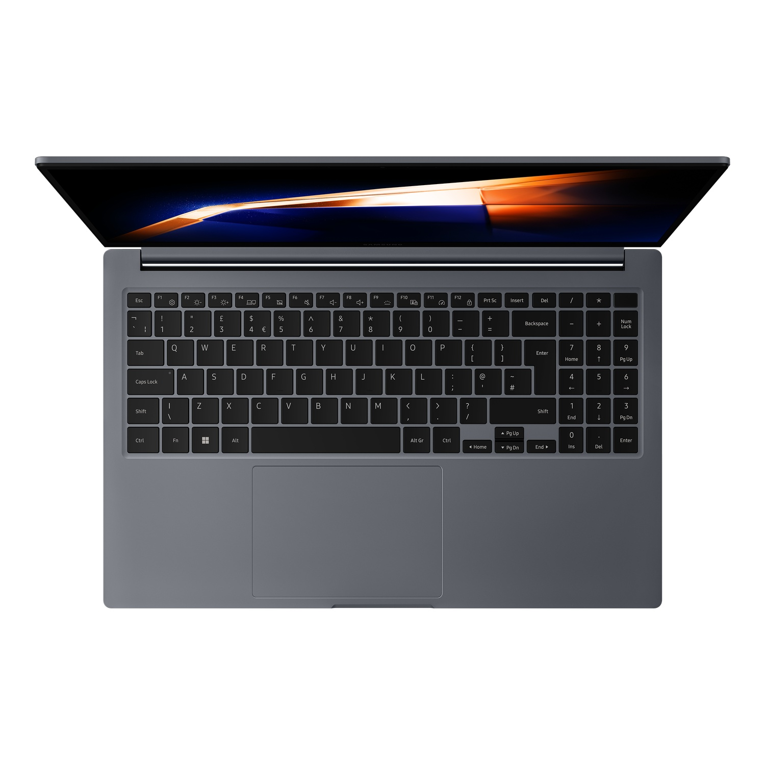 Laptop, top view, open. Keyboard visible, keys labeled. Screen displays abstract design. Gray casing, white background.