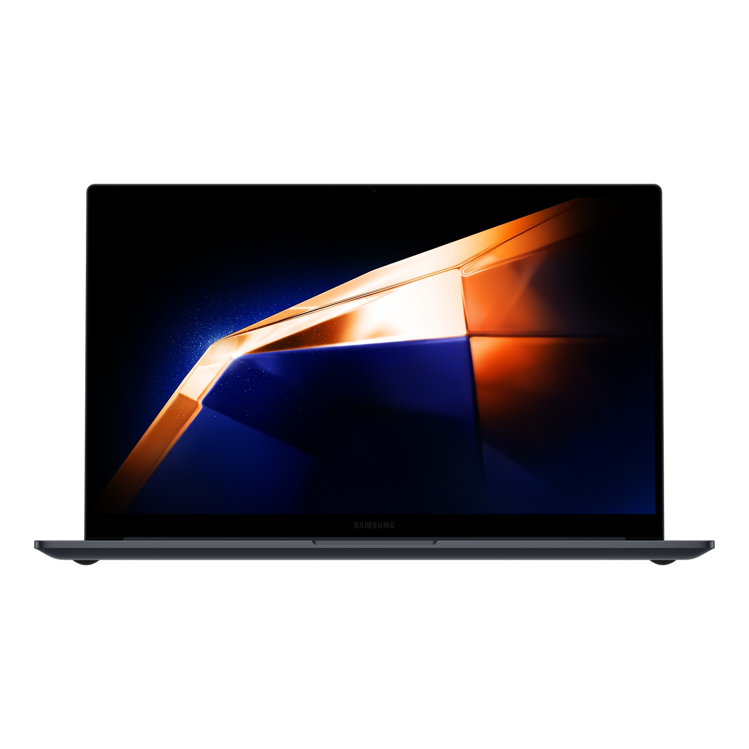A laptop with a black screen displaying an abstract orange and blue design. The laptop is dark gray and against a white background.