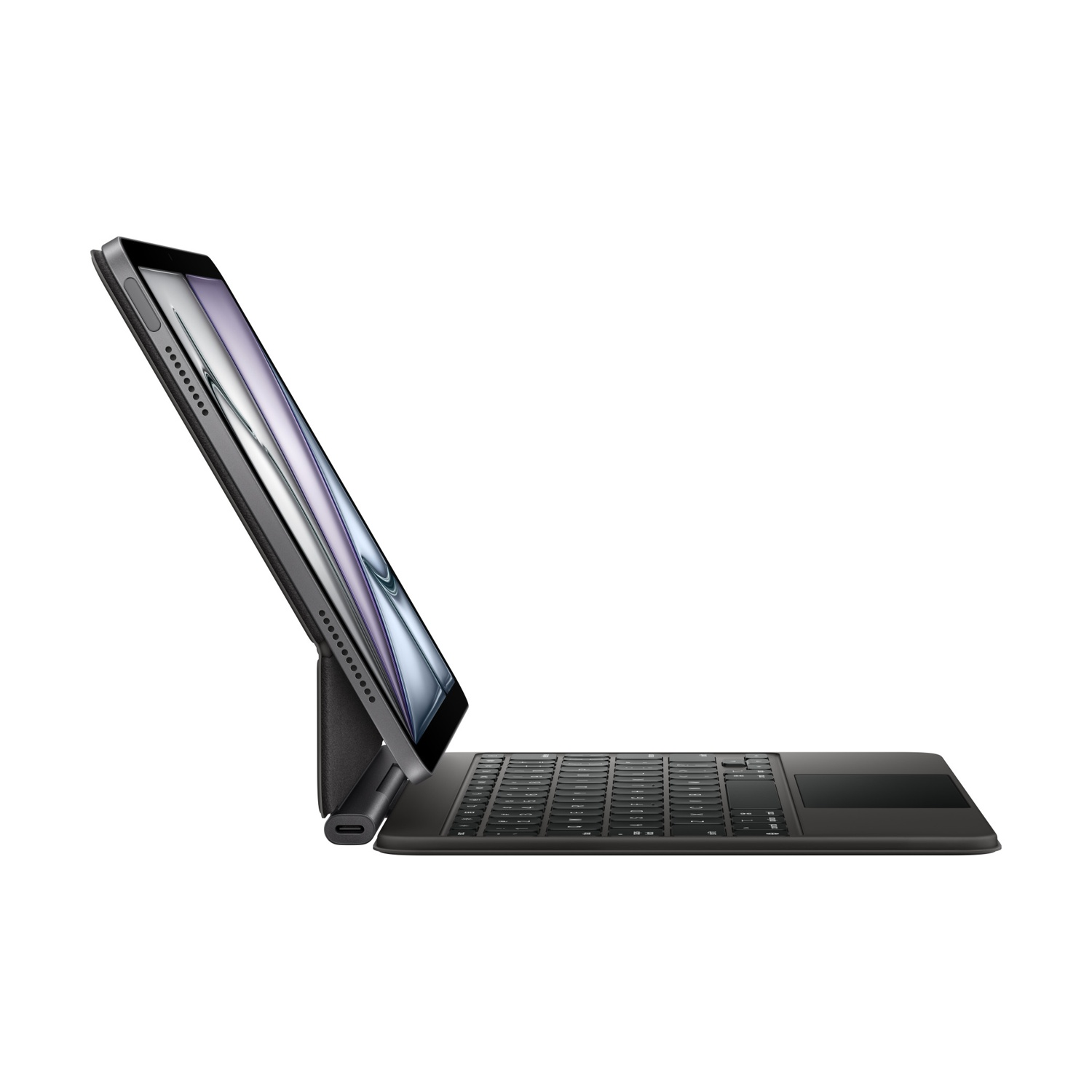 Un tablet con custodia tastiera è mostrato angolato. Lo schermo del tablet è visibile, mostrando un display chiaro.