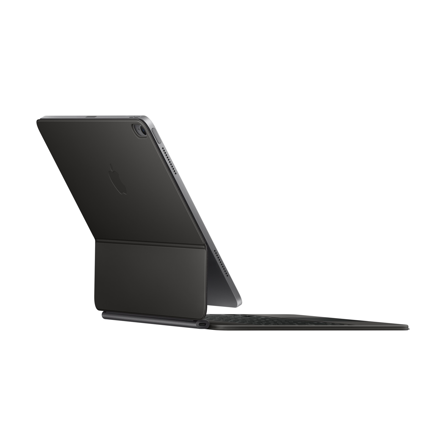 Un iPad Pro nero con custodia tastiera. Lo schermo è aperto, mostrando il logo Apple sul retro. Sfondo bianco.