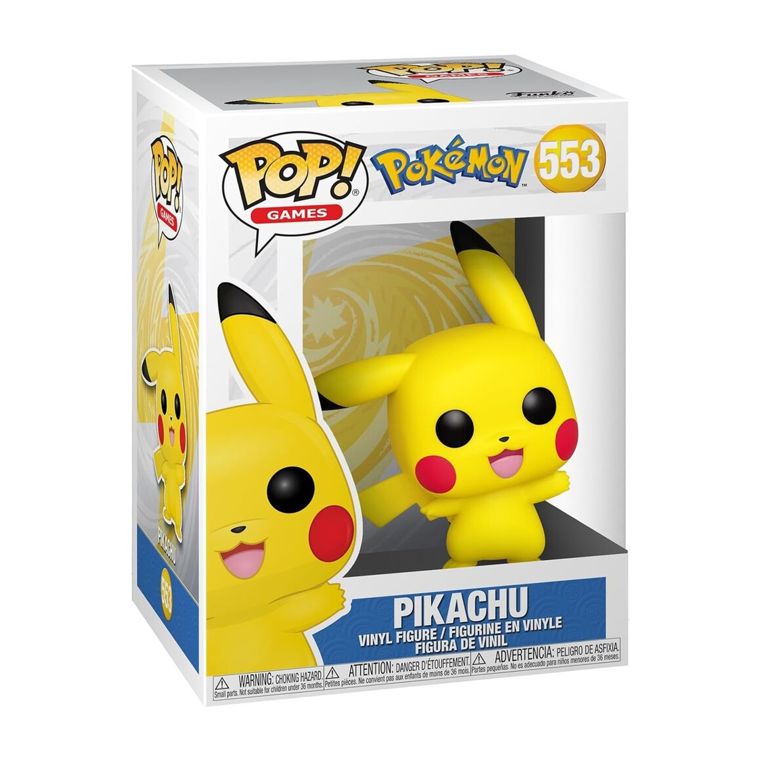 Una figura di Pikachu Funko Pop in una scatola. La figura è gialla con guance rosse. La scatola è bianca con il logo Pokémon.