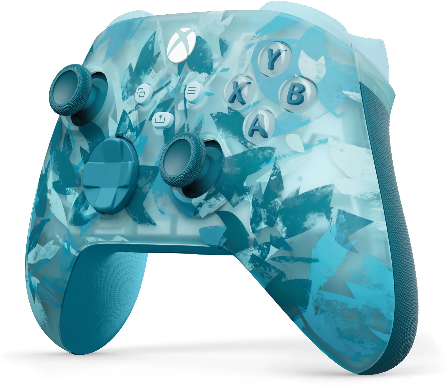 Kék-fehér absztrakt dizájnnal ellátott Xbox kontroller. Gombok, joystickek és D-pad található rajta. A háttér fehér.