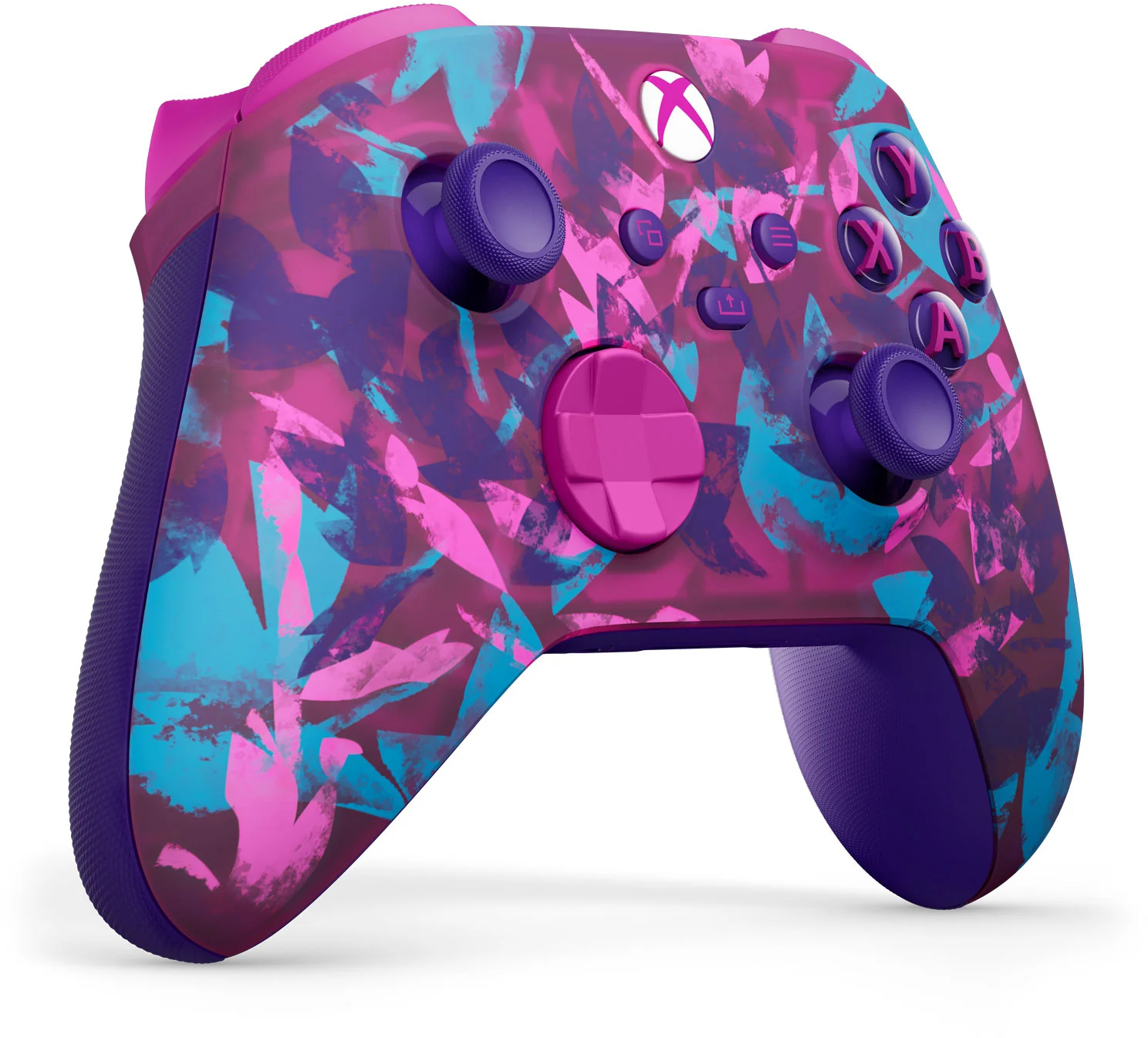 Xbox kontroller rózsaszín, lila és türkiz absztrakt dizájnnal. A gombok lilák és rózsaszínűek. Az Xbox logója fehér.