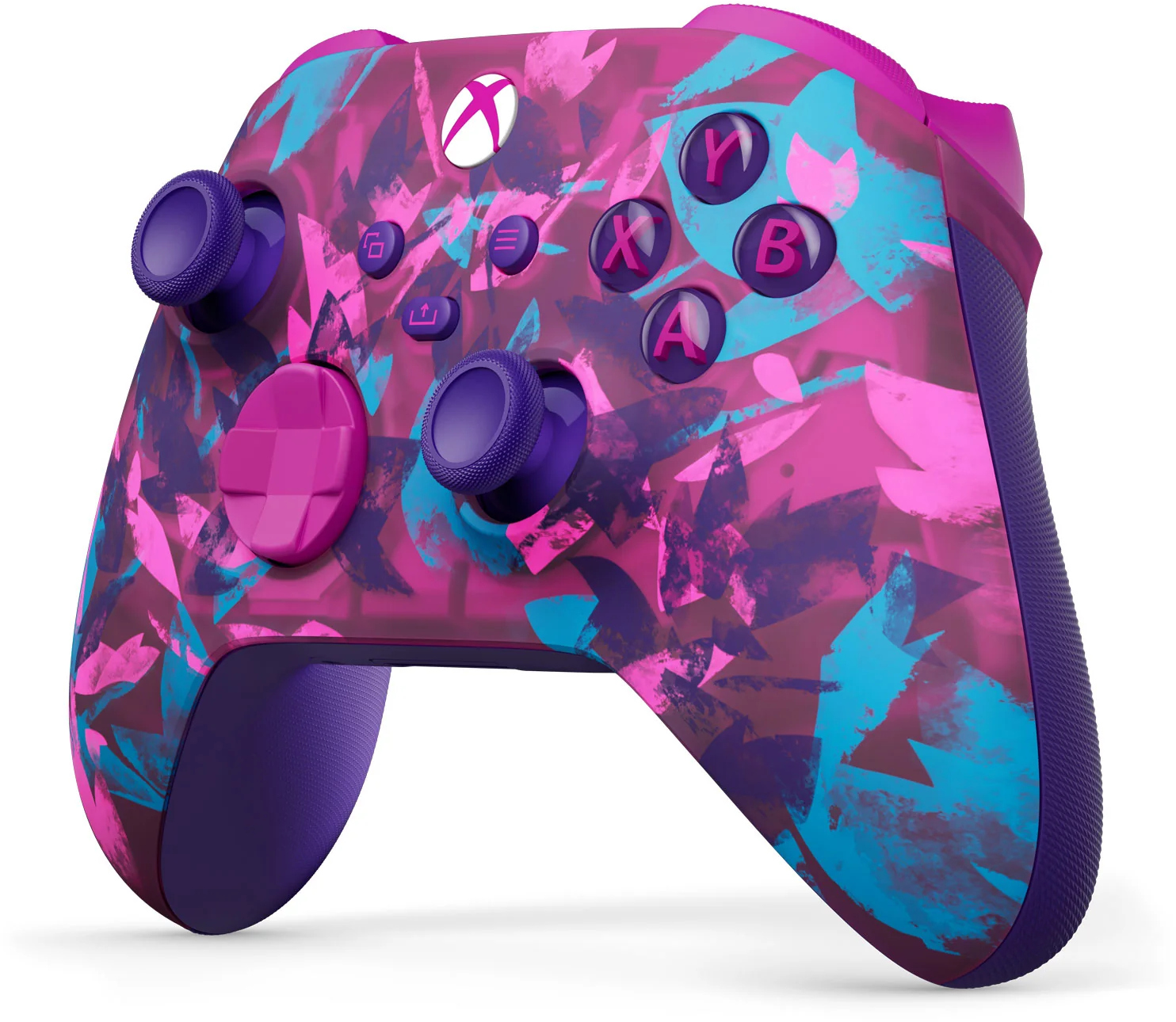 Xbox-kontroller rózsaszín, lila és kék absztrakt dizájnnal. Gombok, hüvelykujjak és Xbox logó.