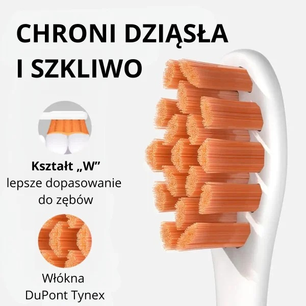 Zbliżenie główki szczoteczki do zębów z pomarańczowym włosiem. Tekst po polsku: Chroni dziąsła i szkliwo, kształt W dla lepszego dopasowania.