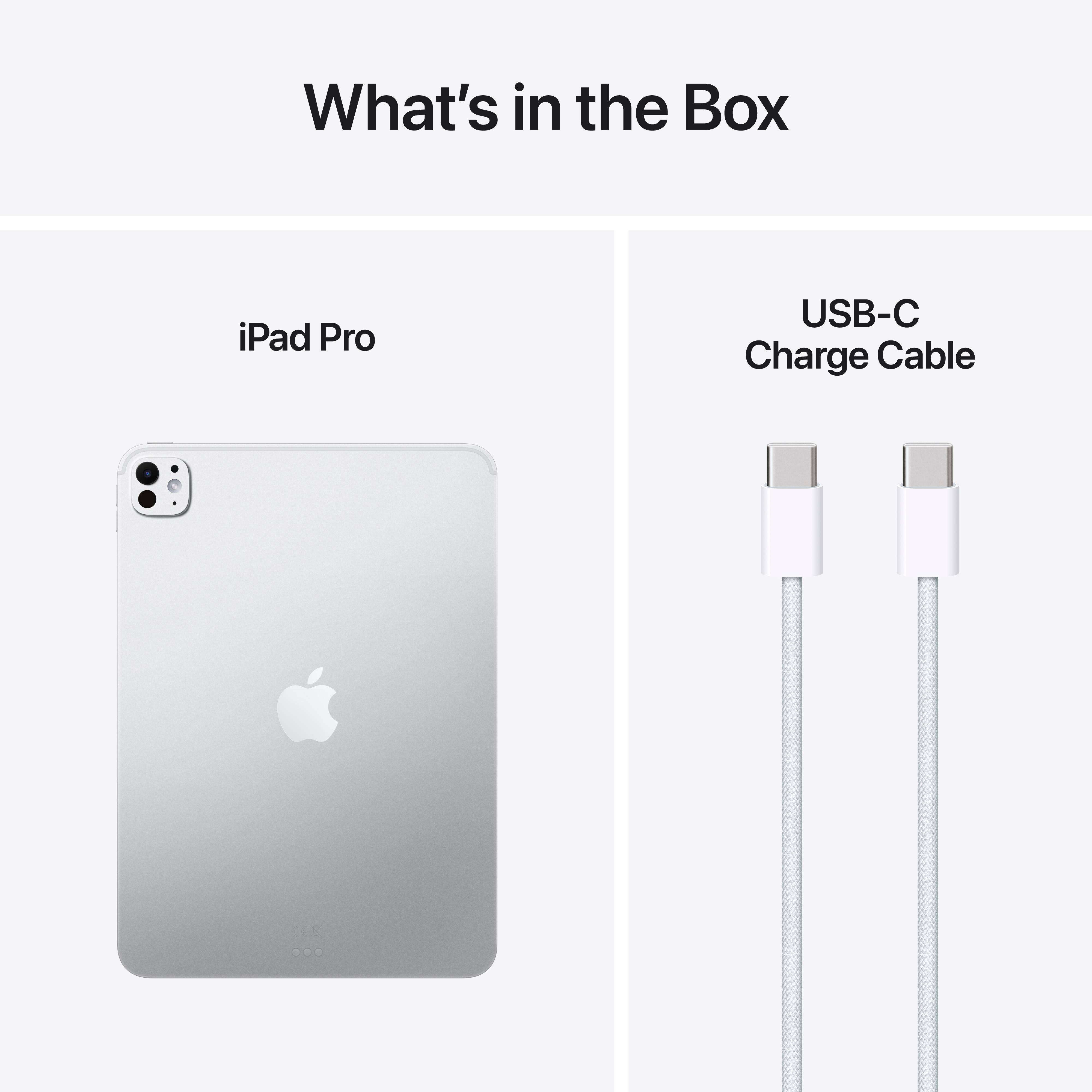 Das Bild zeigt ein iPad Pro und ein USB-C-Ladekabel auf weißem Hintergrund. Der Text lautet 'Was ist in der Box'.
