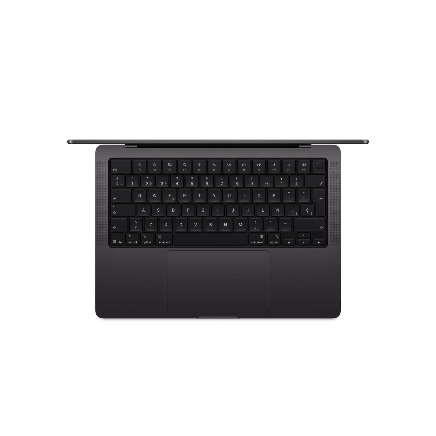 Vista superior de un portátil gris oscuro cerrado. El teclado es visible con letras y símbolos blancos. El fondo es blanco.