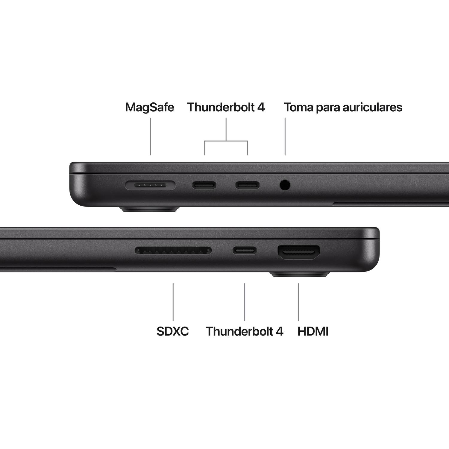 Primer plano de un portátil gris oscuro que muestra puertos: MagSafe, Thunderbolt 4, conector para auriculares, SDXC, Thunderbolt 4 y HDMI.