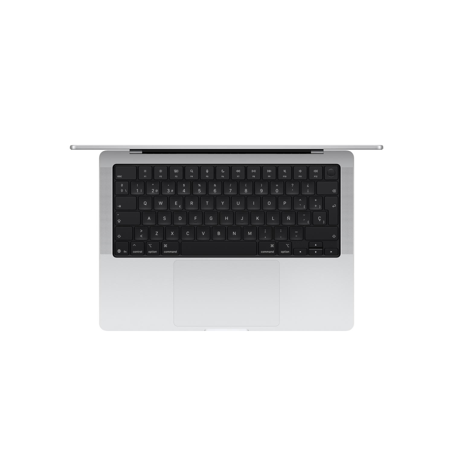 Vista cenital de un portátil plateado. El teclado es negro con letras blancas. El panel táctil está debajo. El fondo es blanco.