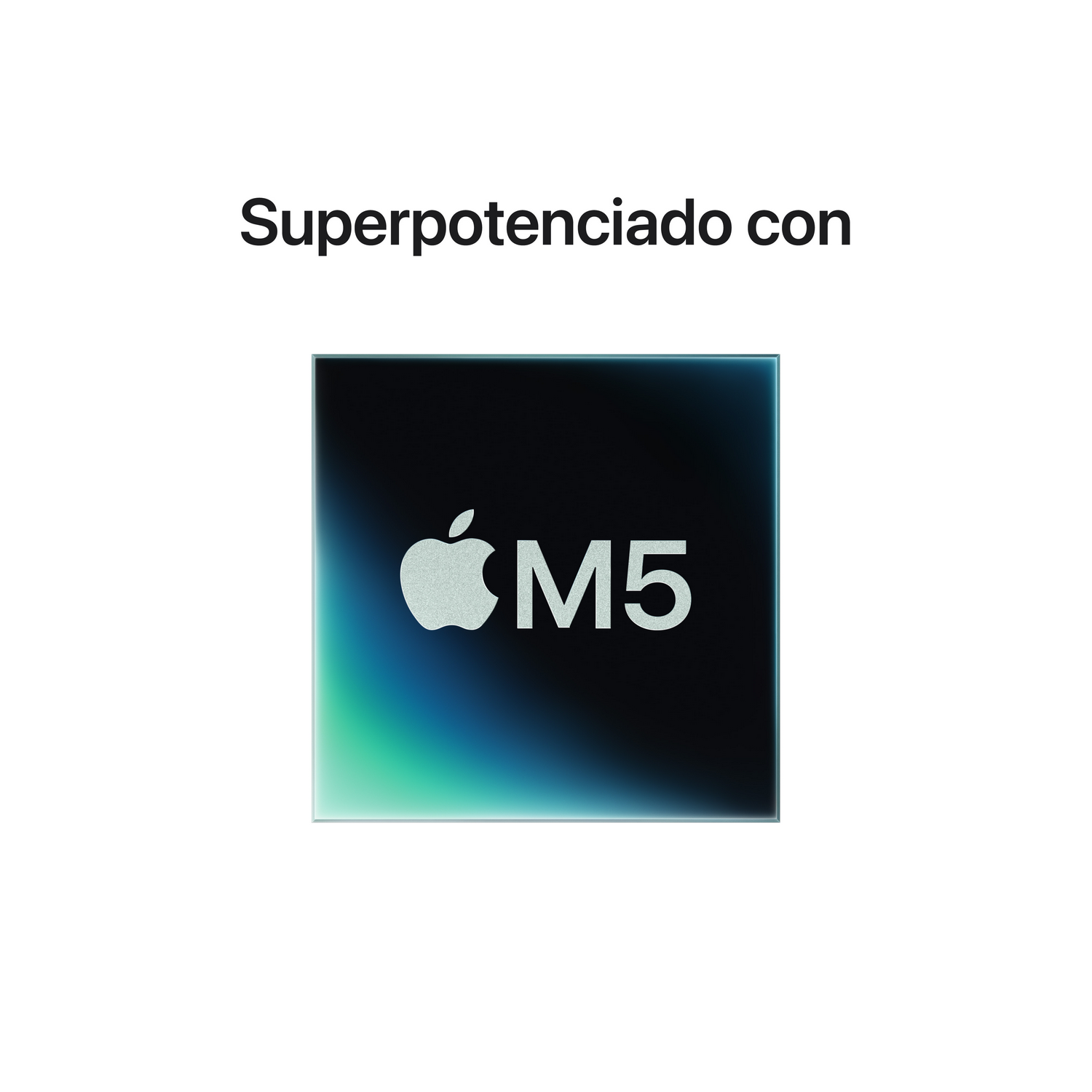 La imagen muestra un cuadrado con el logotipo de Apple y el texto 'M5'. Tiene un degradado de azul y verde. Texto 'Superpotenciado con' arriba.