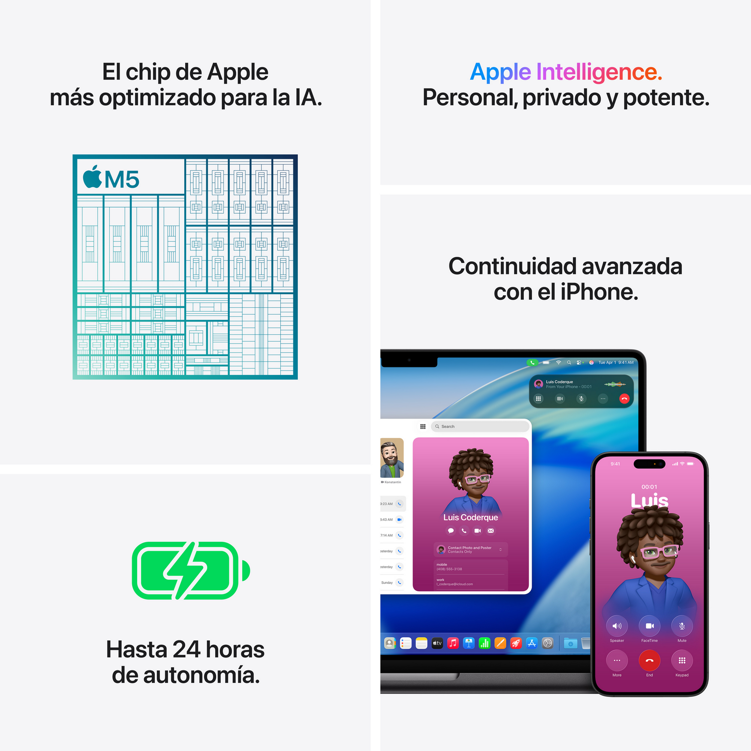 La imagen muestra productos Apple. Muestra un chip, un icono de batería, un iPhone y un MacBook mostrando un perfil de contacto y una llamada en curso.