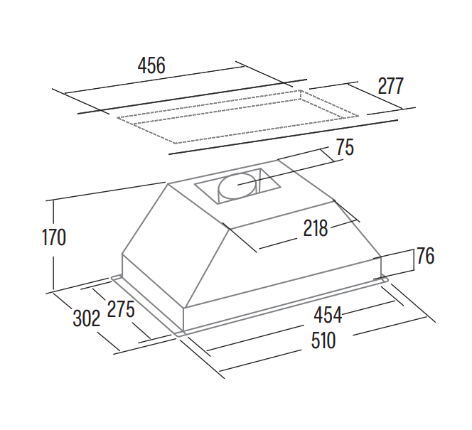 Konyhai páraelszívó diagramja milliméteres méretekkel. Felülnézet és oldalsó nézet, feliratos méretekkel.
