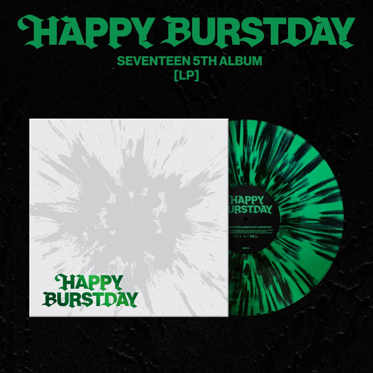 Albumcover. Grün-schwarze Schallplatte. Weißes Albumcover mit grauem Spritzdesign. Text: 'Happy Burstday'.